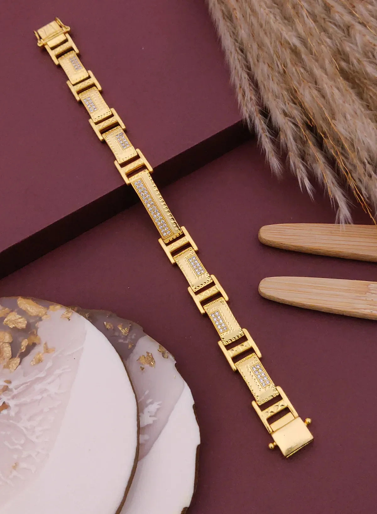 Mens 1 Gram Gold Rectangular Bracelet DualTone Studded Design