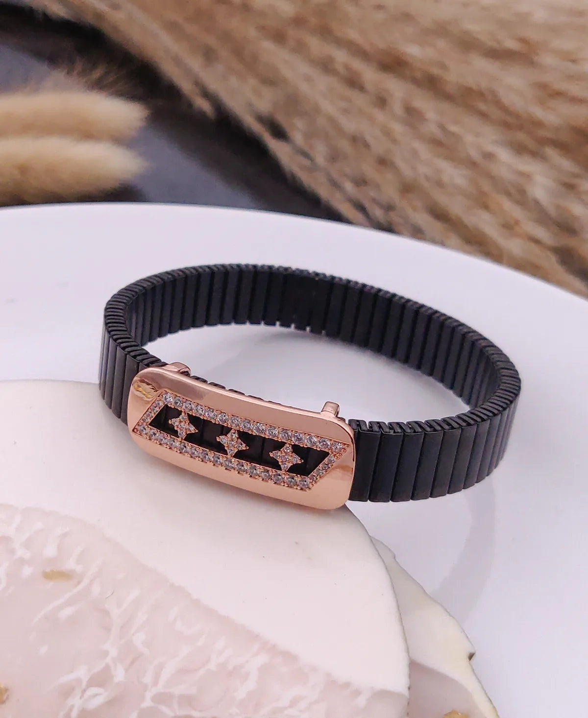 Mens Rose Gold Star Cutout Bracelet Black Stretch Band with Diamond Accent