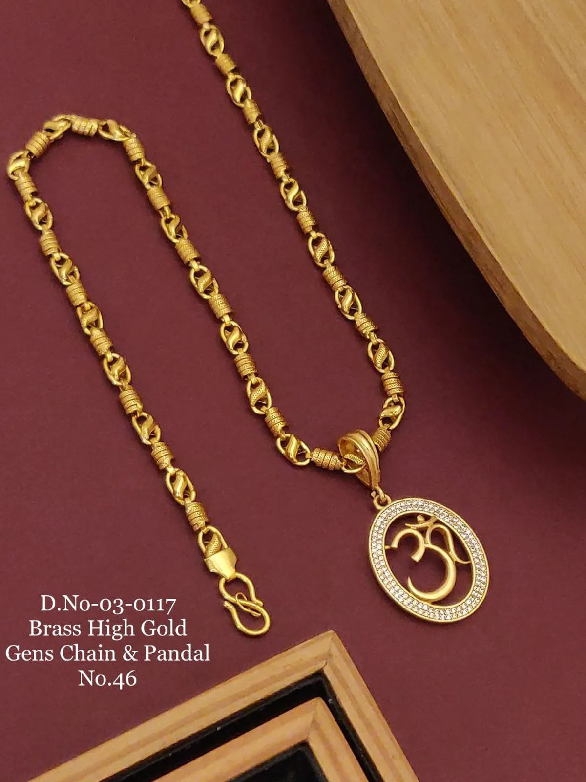 Om Design Stone Embedded Gold Plated Pendant Set With Chain For Men