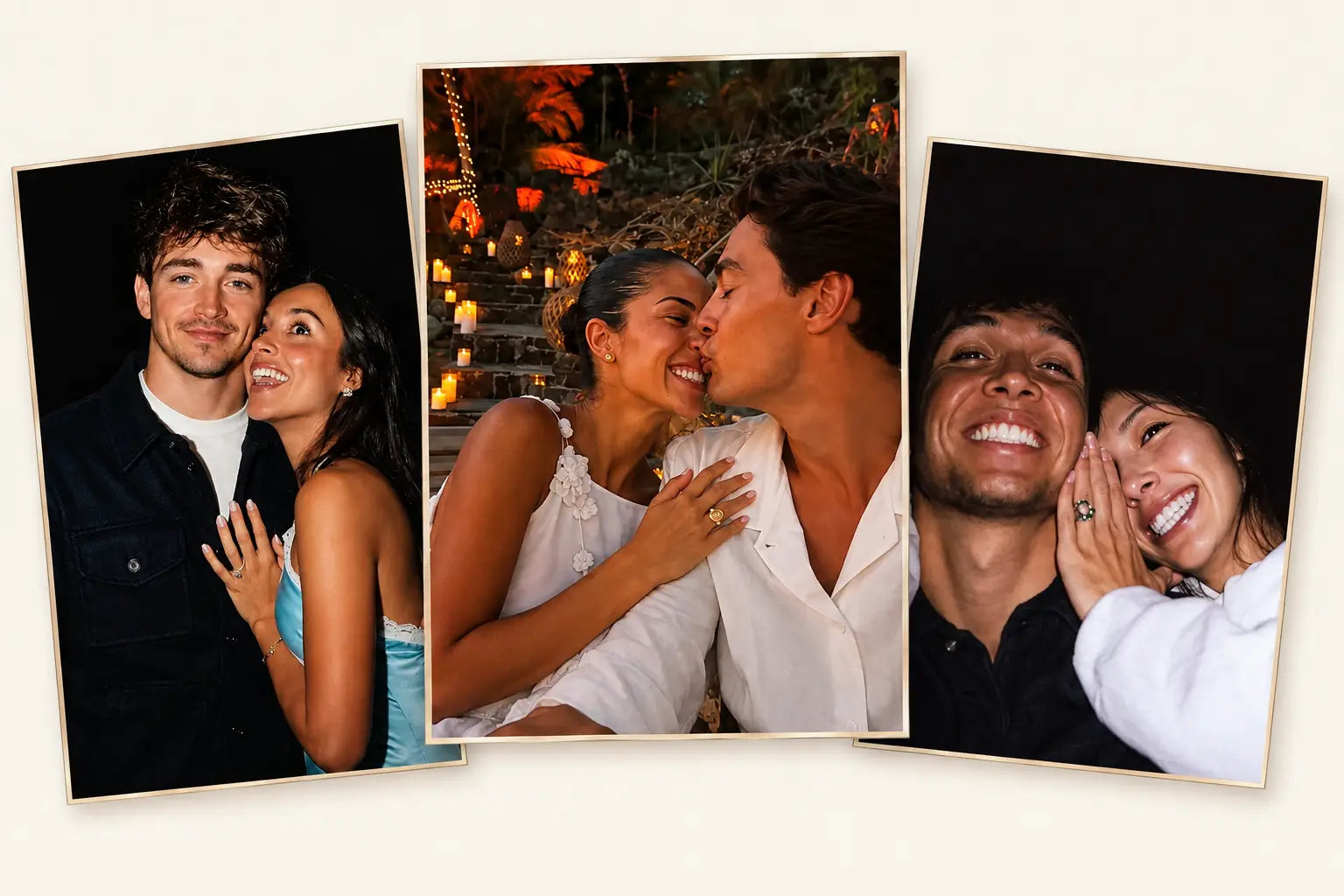 Collage of F1 drivers Charles Leclerc, George Russell and Alex Albon with their partners Alexandra Leclerc, Carmen Montero Mundt and Lily Muni He, showing their engagement rings