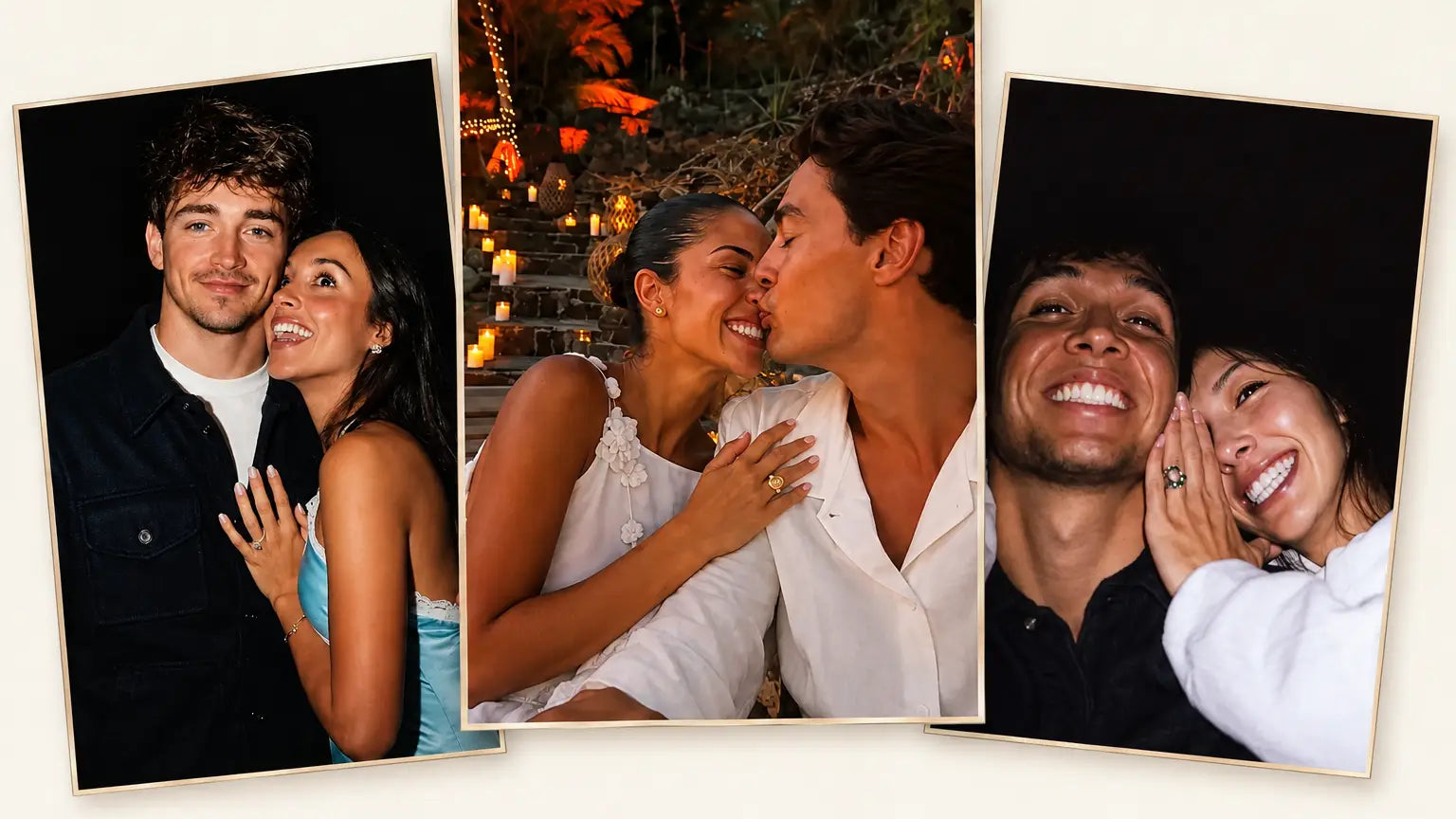 Collage of F1 drivers Charles Leclerc, George Russell and Alex Albon with their partners Alexandra Leclerc, Carmen Montero Mundt and Lily Muni He, showing their engagement rings