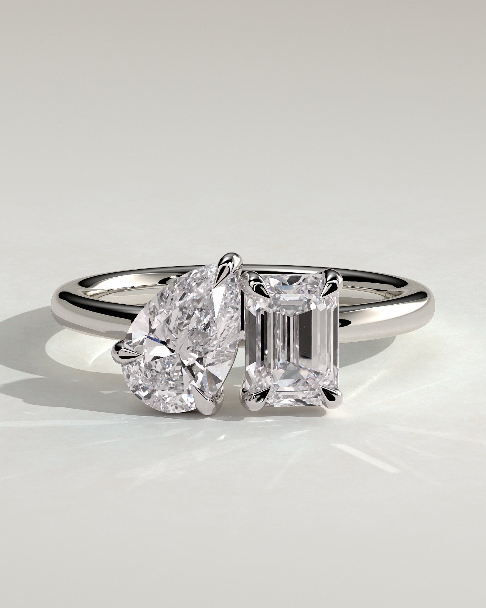 White :: Elvoria pear and emerald toi et moi lab grown diamond engagement ring IGI certified white gold