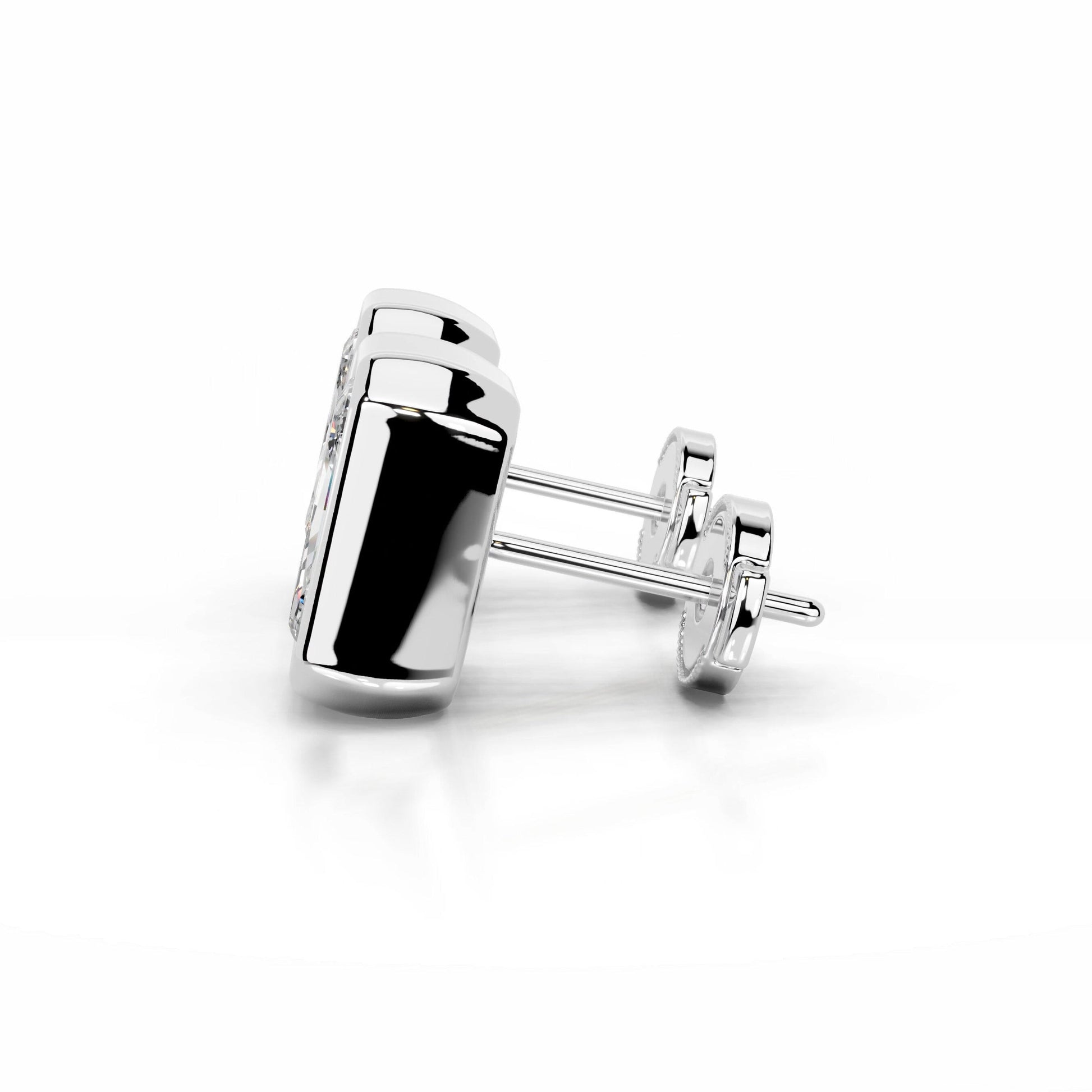 White :: elongated radiant lab grown diamond earrings close up high brilliance