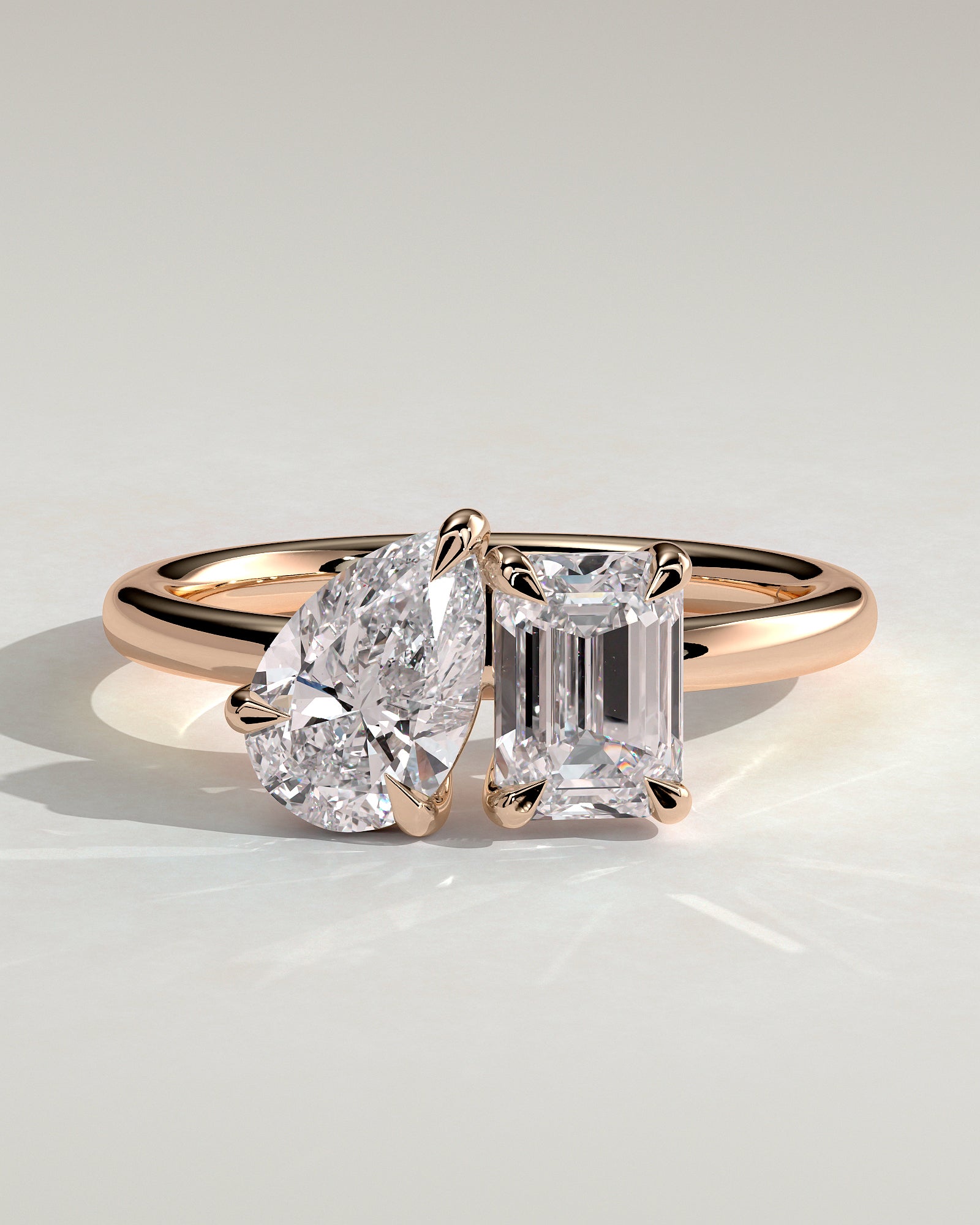Rose :: Elvoria pear and emerald toi et moi lab grown diamond engagement ring IGI certified rose gold