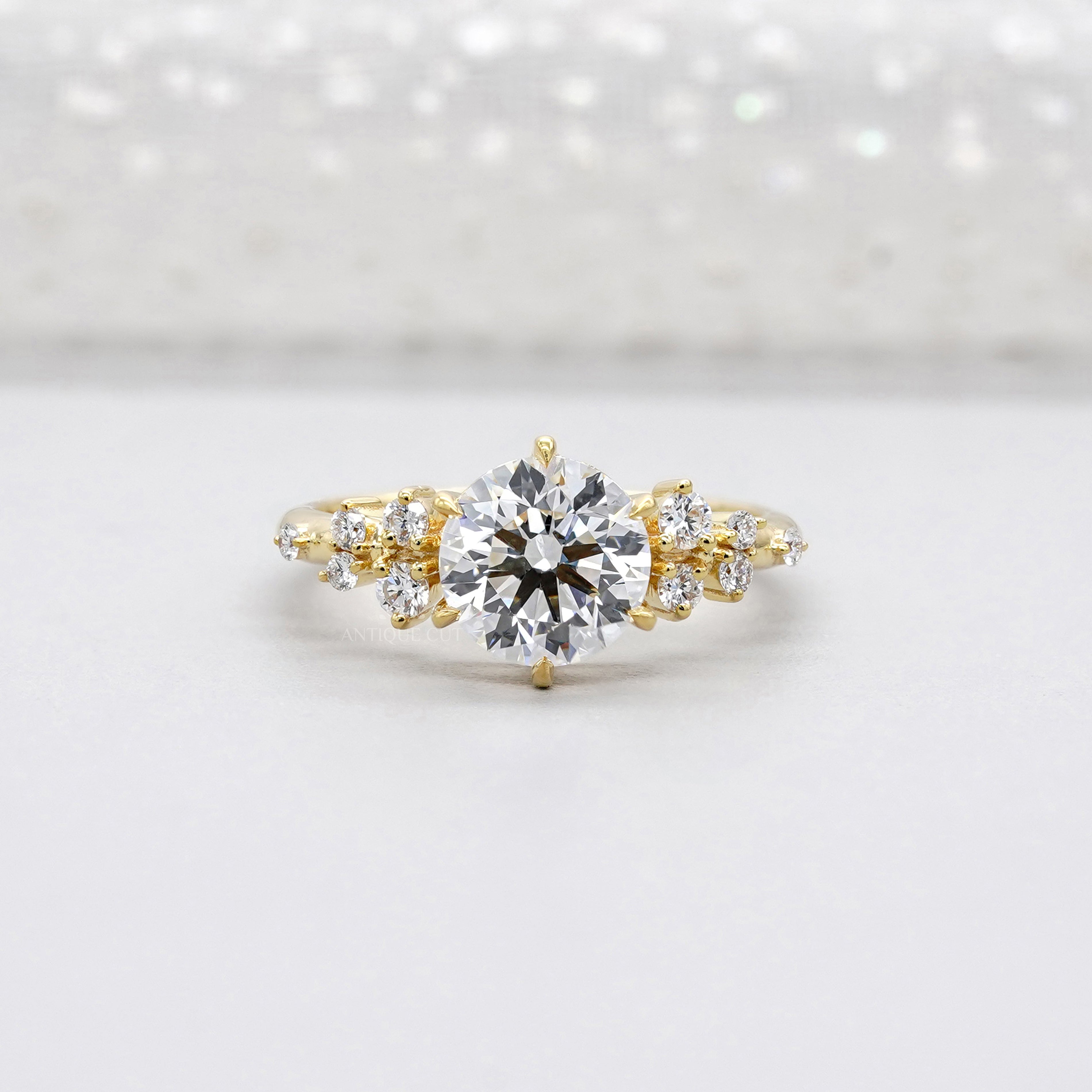 Round 2.30tcw Lab Diamond Engagement Ring | IGI Certified | Yellow Gold Cluster Side Stone Ring