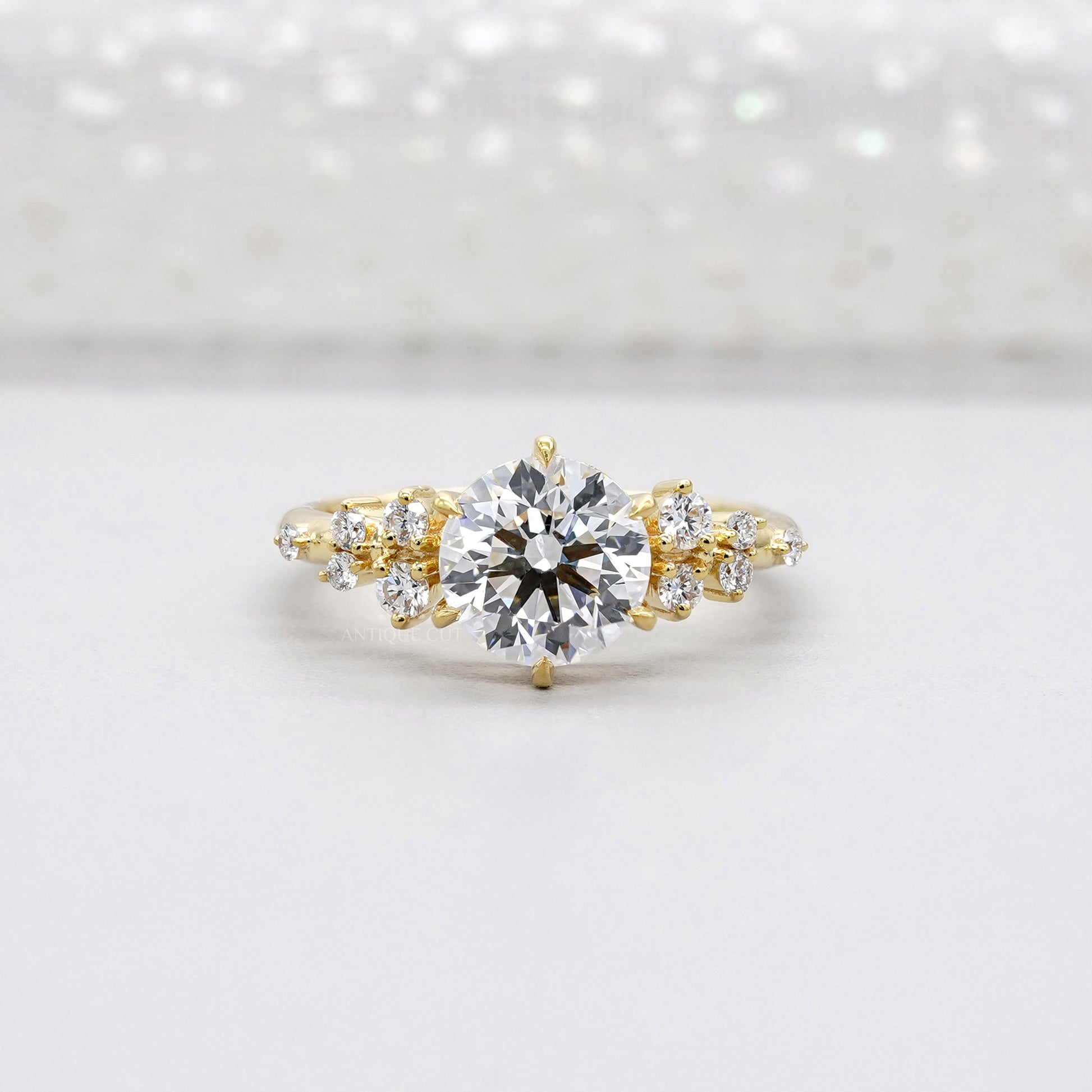 Round 2.30tcw Lab Diamond Engagement Ring | IGI Certified | Yellow Gold Cluster Side Stone Ring