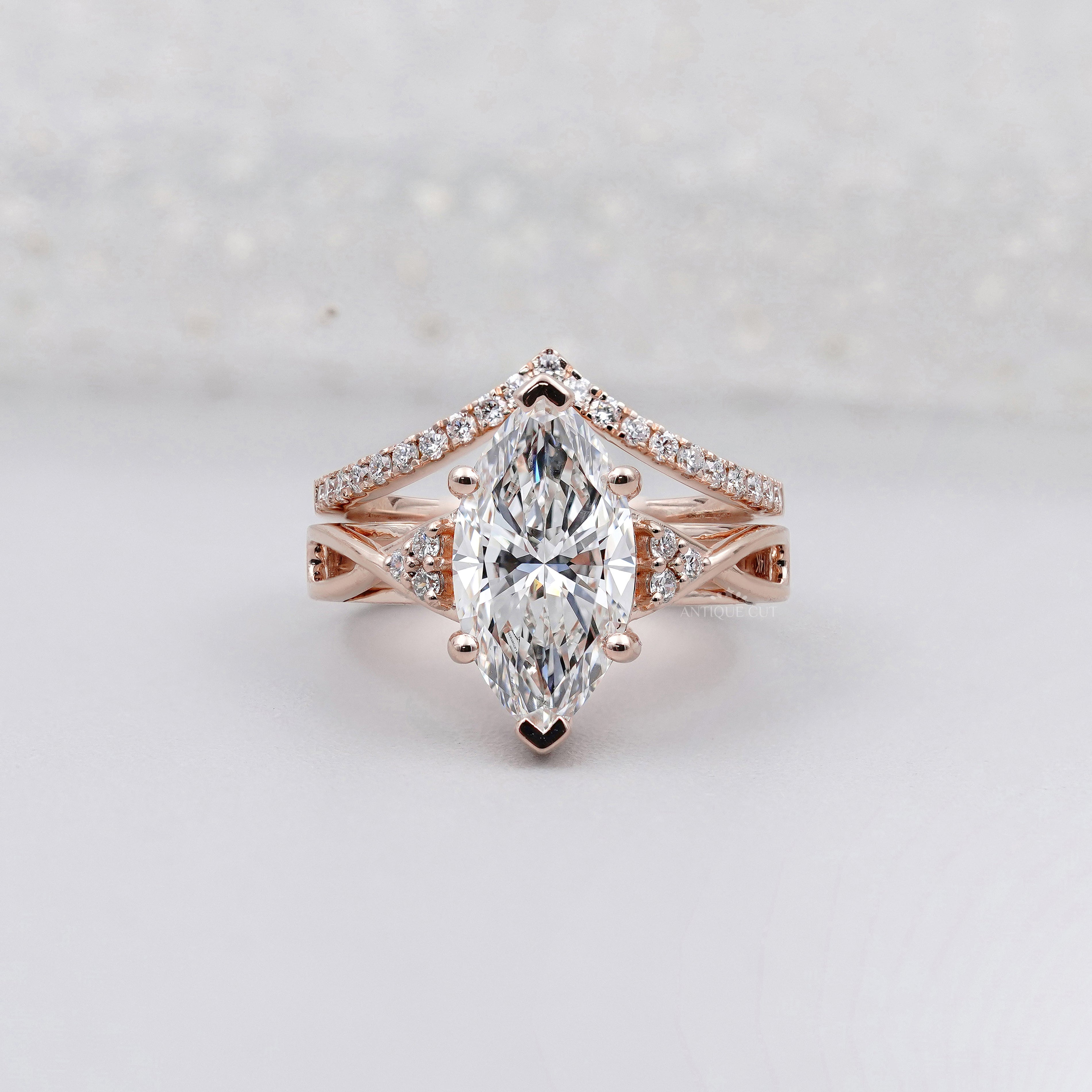 Marquise Cut 3.30tcw Lab Grown Diamond With Band | Rose Gold Split Shank Design | IGI Certified
