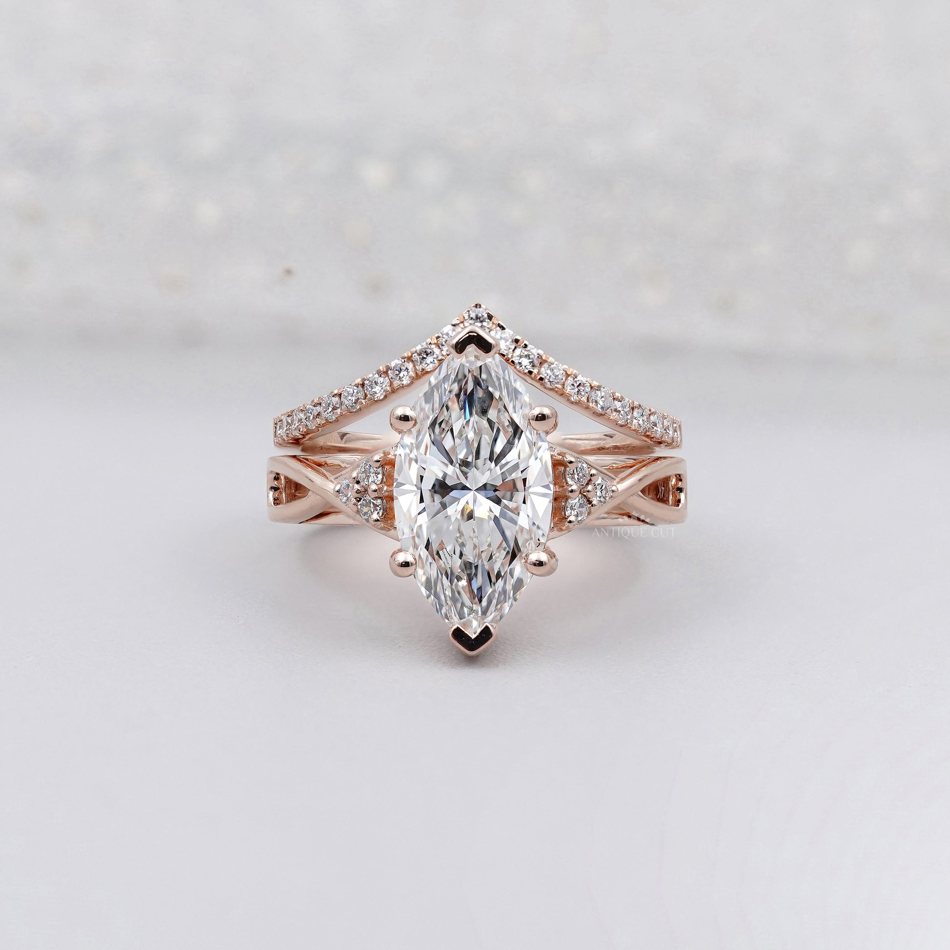 Marquise Cut 3.30tcw Lab Grown Diamond With Band | Rose Gold Split Shank Design | IGI Certified