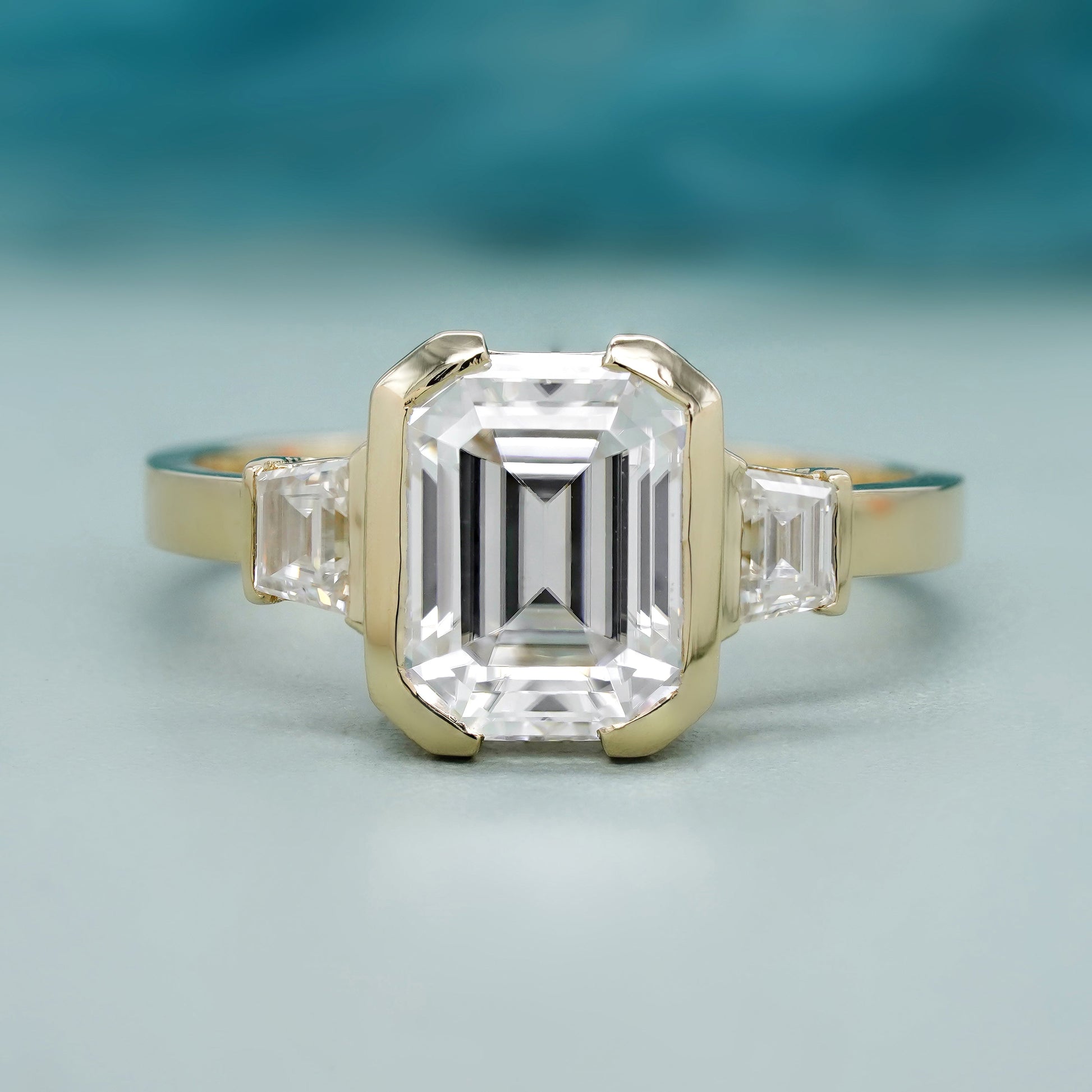 Emerald 4.00tcw Lab Grown Diamond Half Bezel Engagement Ring | IGI Certified | DEF VVS–VS