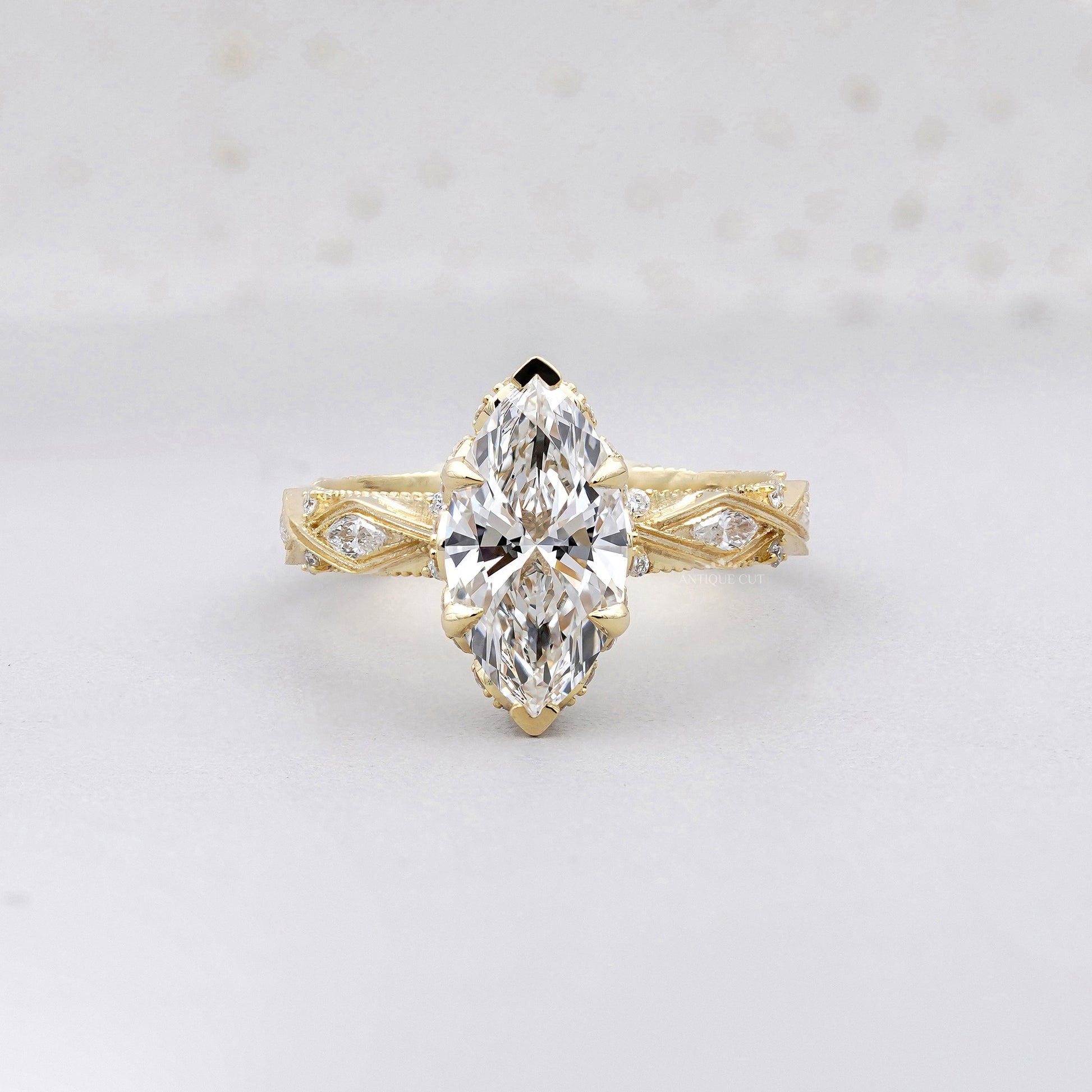 Marquise 3.16tcw Lab Grown Diamond Vintage Engagement Ring | Side Stone Antique Band | D–F Color | VVS–VS Clarity | IGI Certified