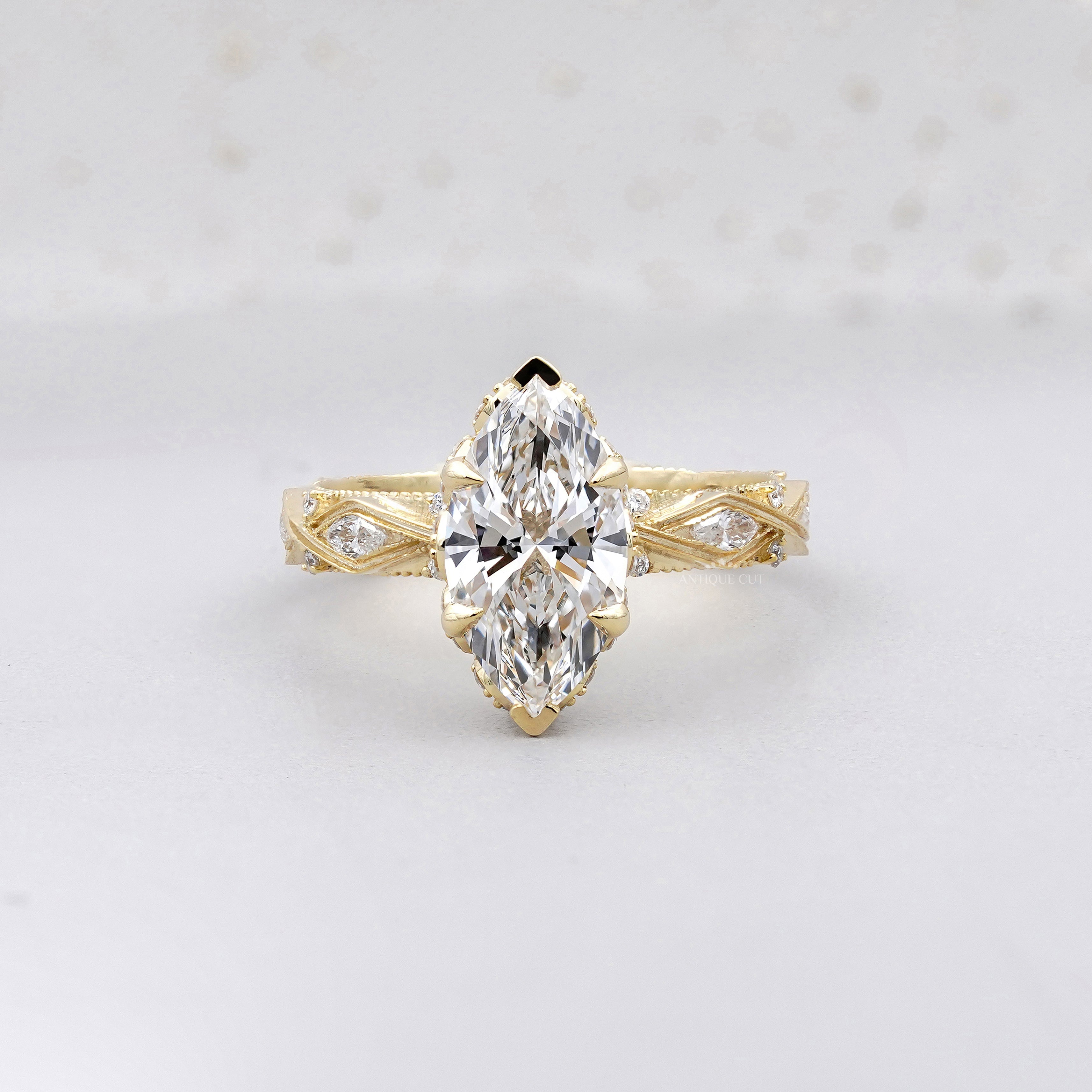 Marquise 3.16tcw Lab Grown Diamond Vintage Engagement Ring | Side Stone Antique Band | D–F Color | VVS–VS Clarity | IGI Certified