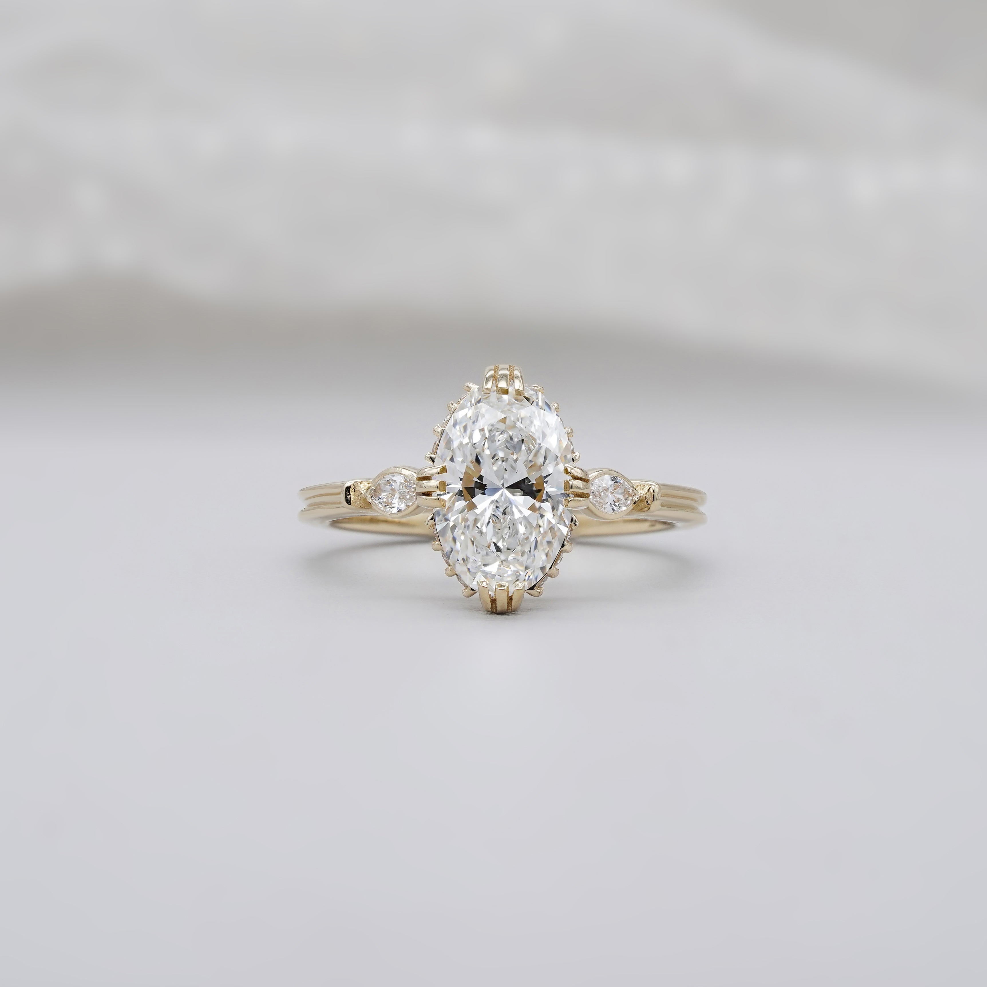 Oval 2.25tcw Lab Grown Diamond Three Stone Engagement Ring | D-E-F Color | VVS–VS Clarity | Unique Vintage Style | IGI Certified