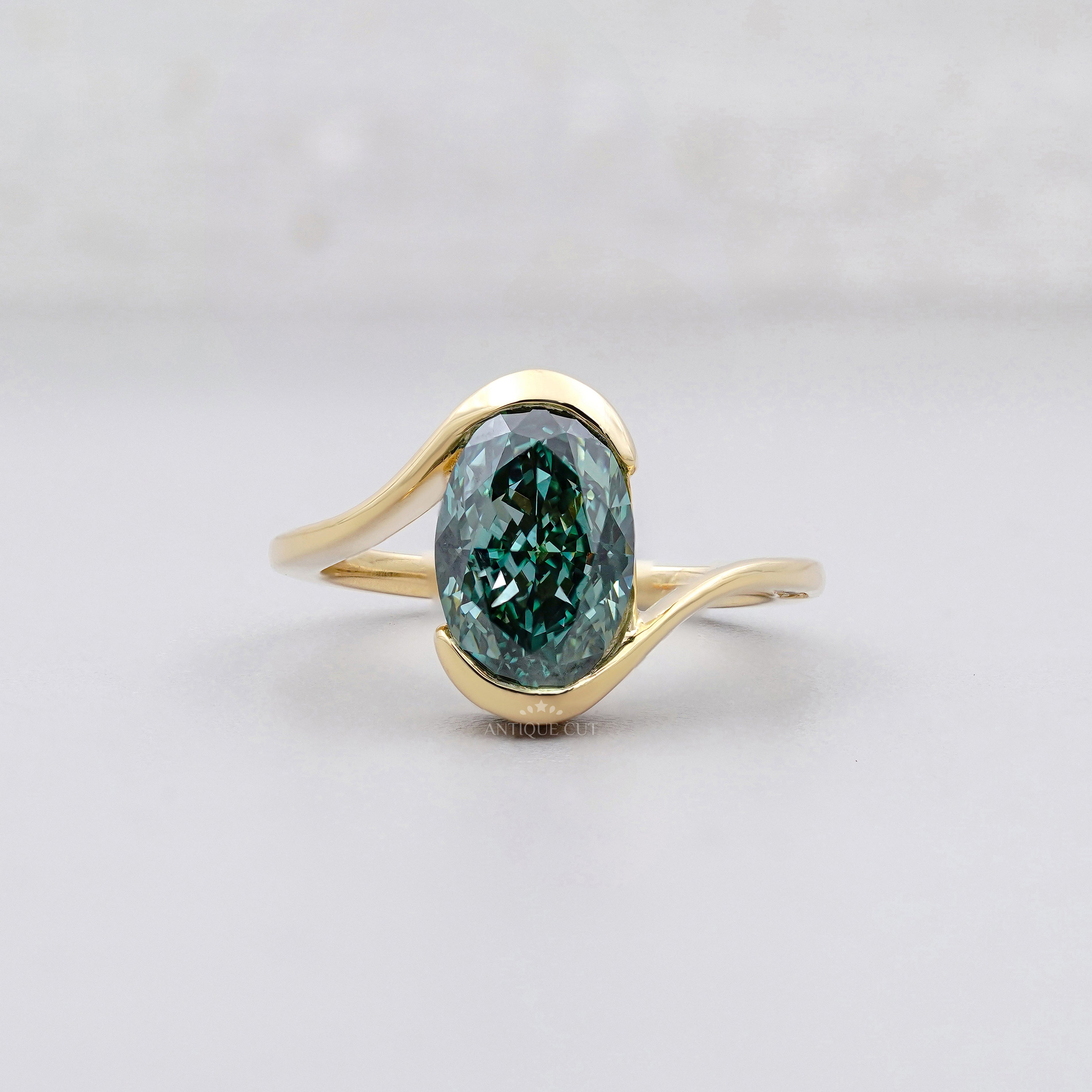 3.00ct Green Lab Grown Diamond Ring with 0.40ct Diamond Accents | Gold Wave Engagement Ring