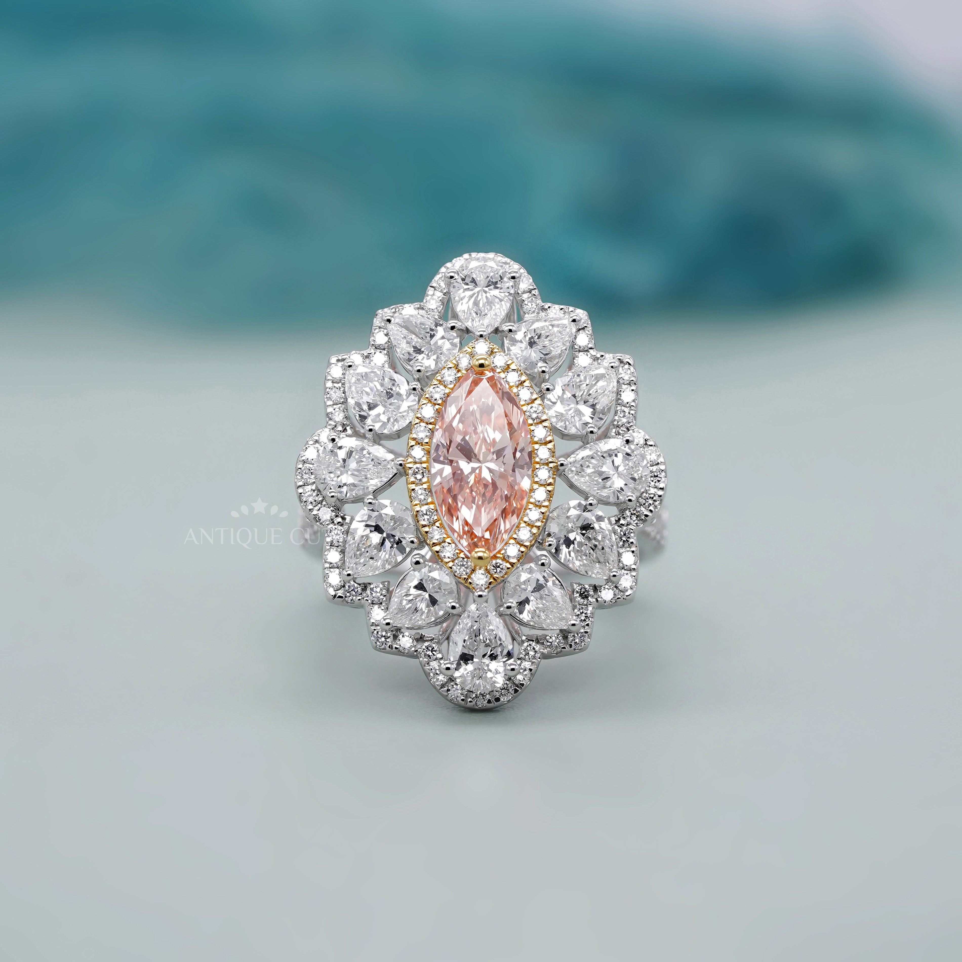 Marquise 3.50tcw Fancy Pink Lab Diamond Ring | Cluster Halo | IGI Certified | White Gold