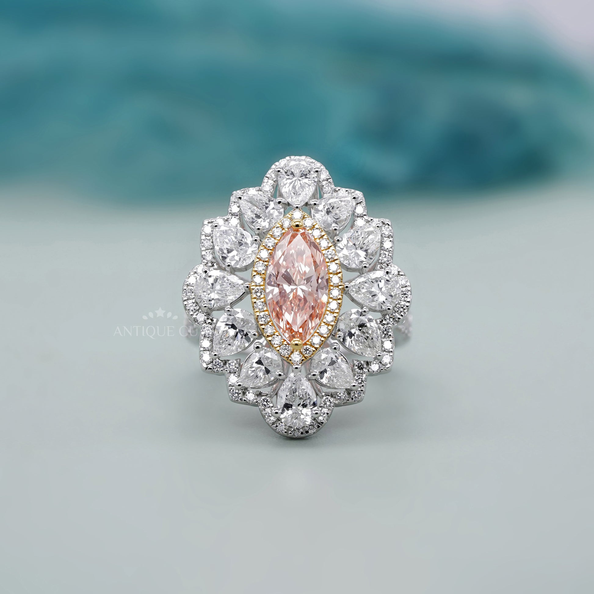 Marquise 3.50tcw Fancy Pink Lab Diamond Ring | Cluster Halo | IGI Certified | White Gold