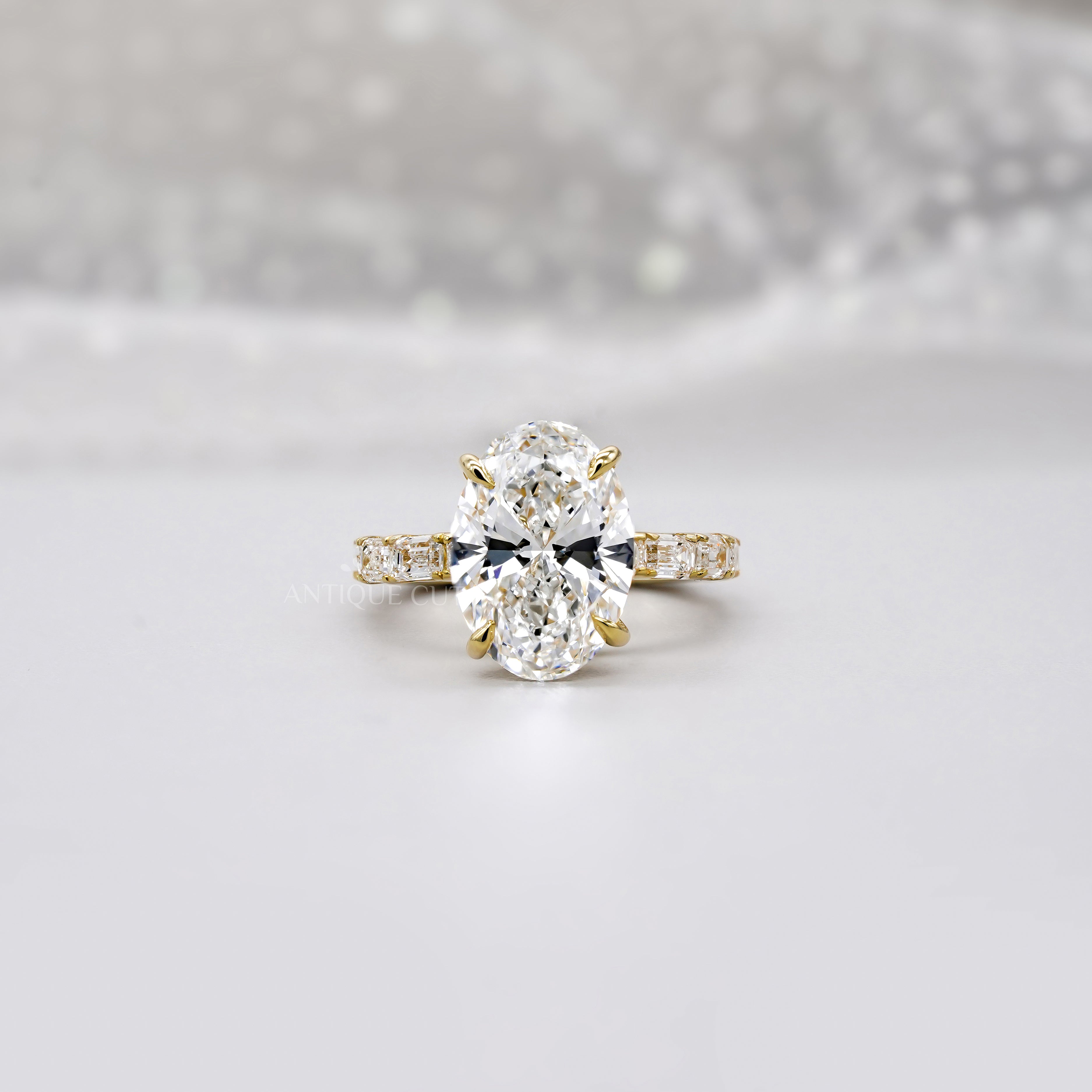 Oval 4.30tcw Lab Diamond Ring | Emerald & Round Side Stones | Yellow Gold | IGI Certified