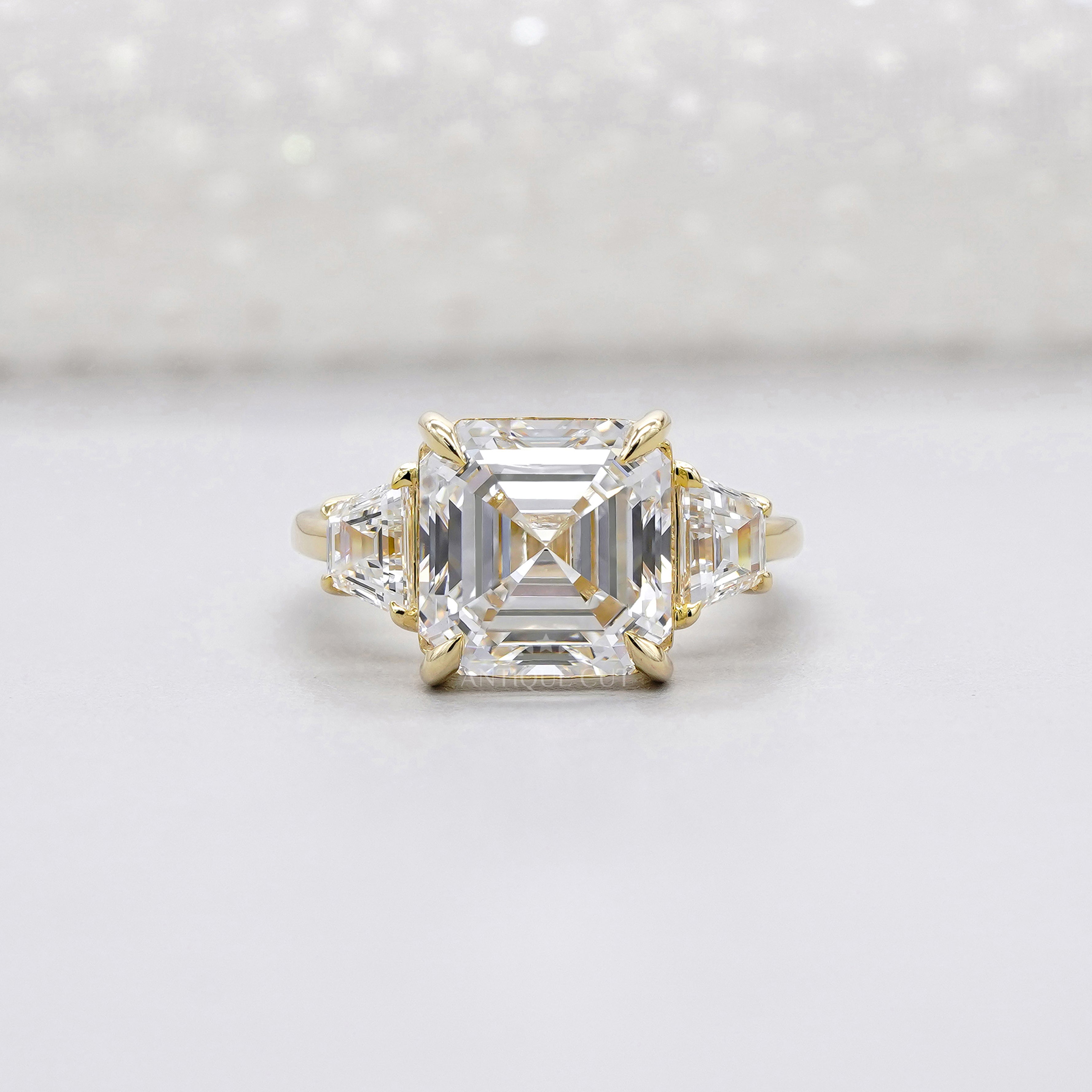 6.60tcw Asscher Lab Grown Diamond Engagement Ring | 6ct Center & Trapezoid Side Stones | 14k Gold