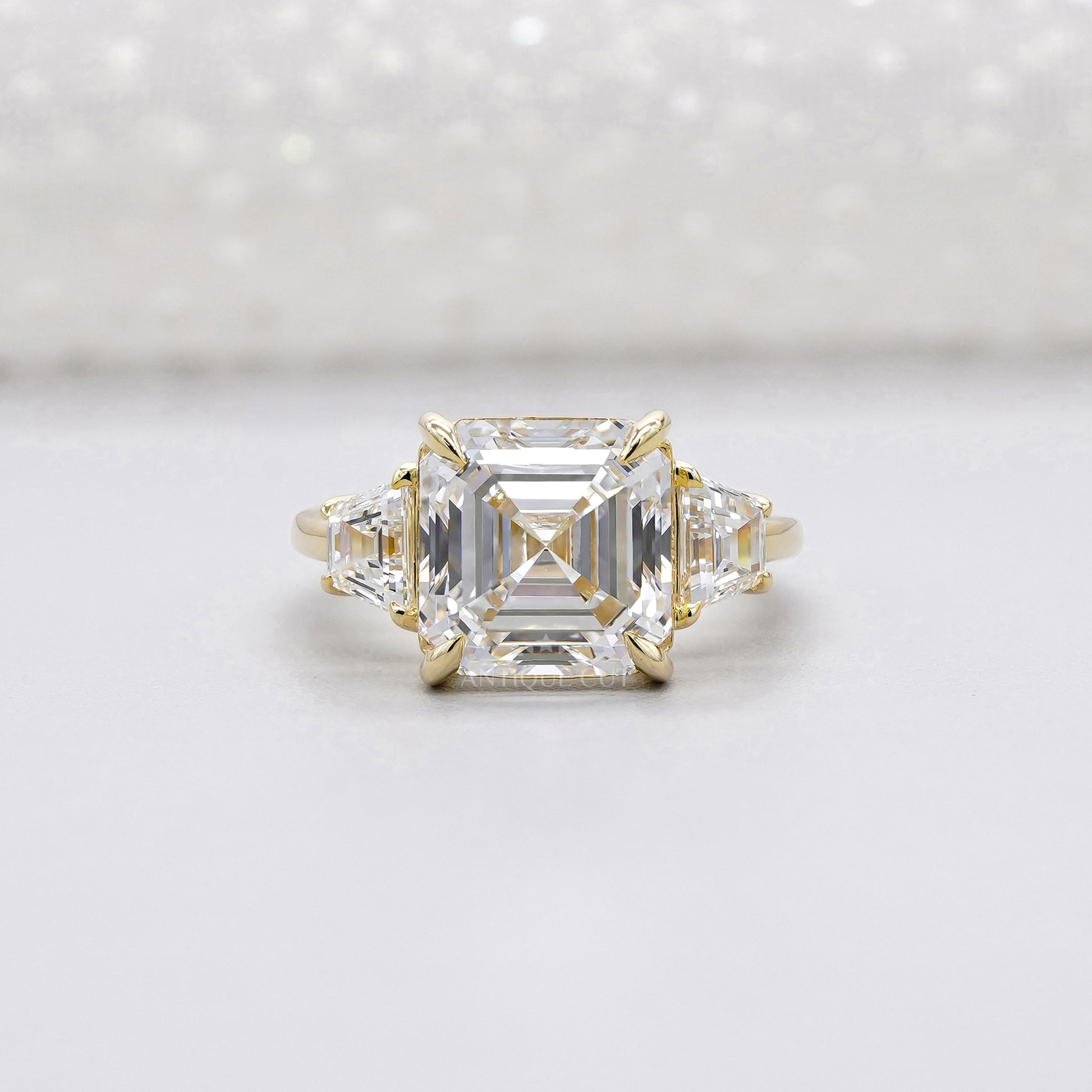 6.60tcw Asscher Lab Grown Diamond Engagement Ring | 6ct Center & Trapezoid Side Stones | 14k Gold