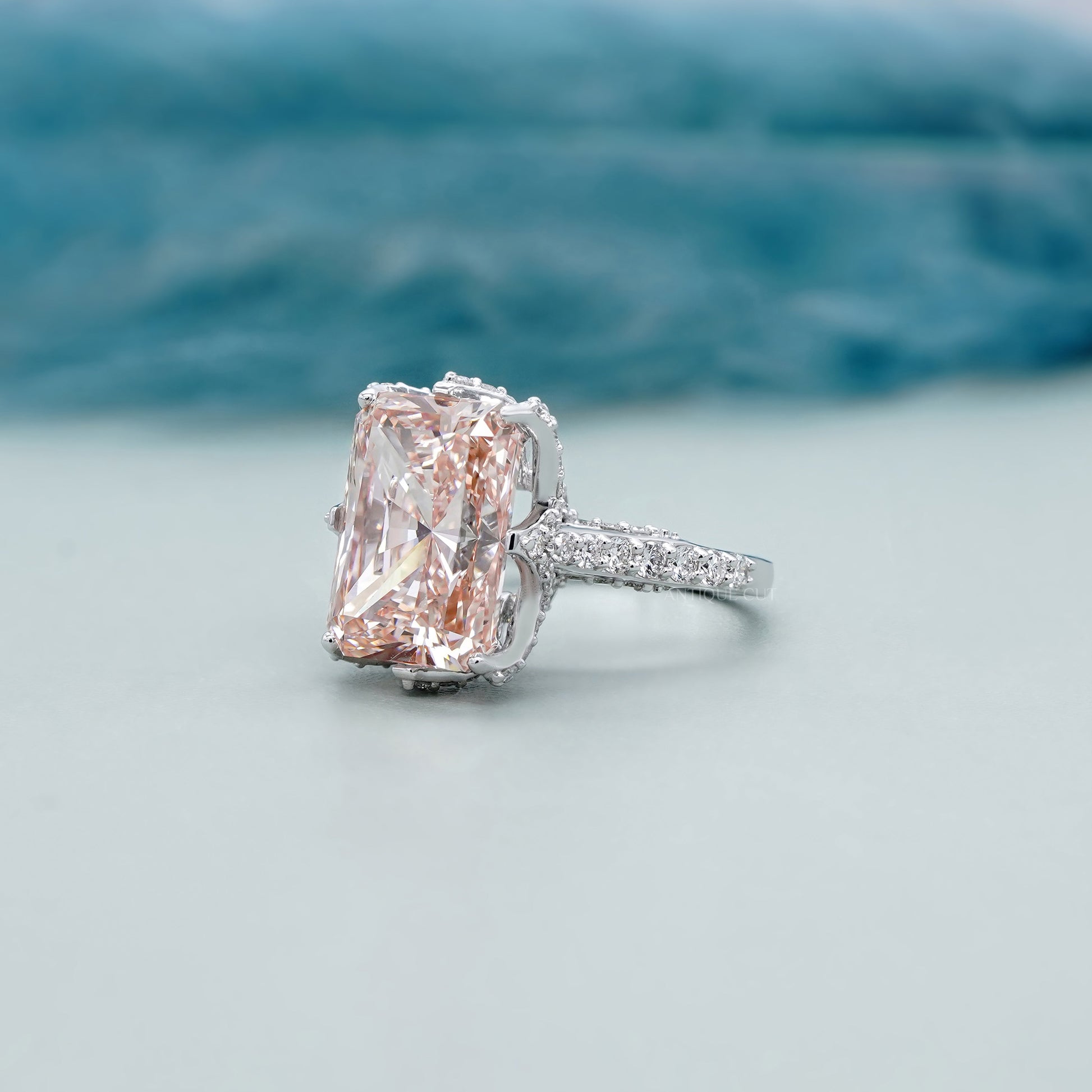 Fancy Pink Radiant 6.50tcw Lab Diamond Engagement Ring | IGI Certified | White Gold Pave Setting