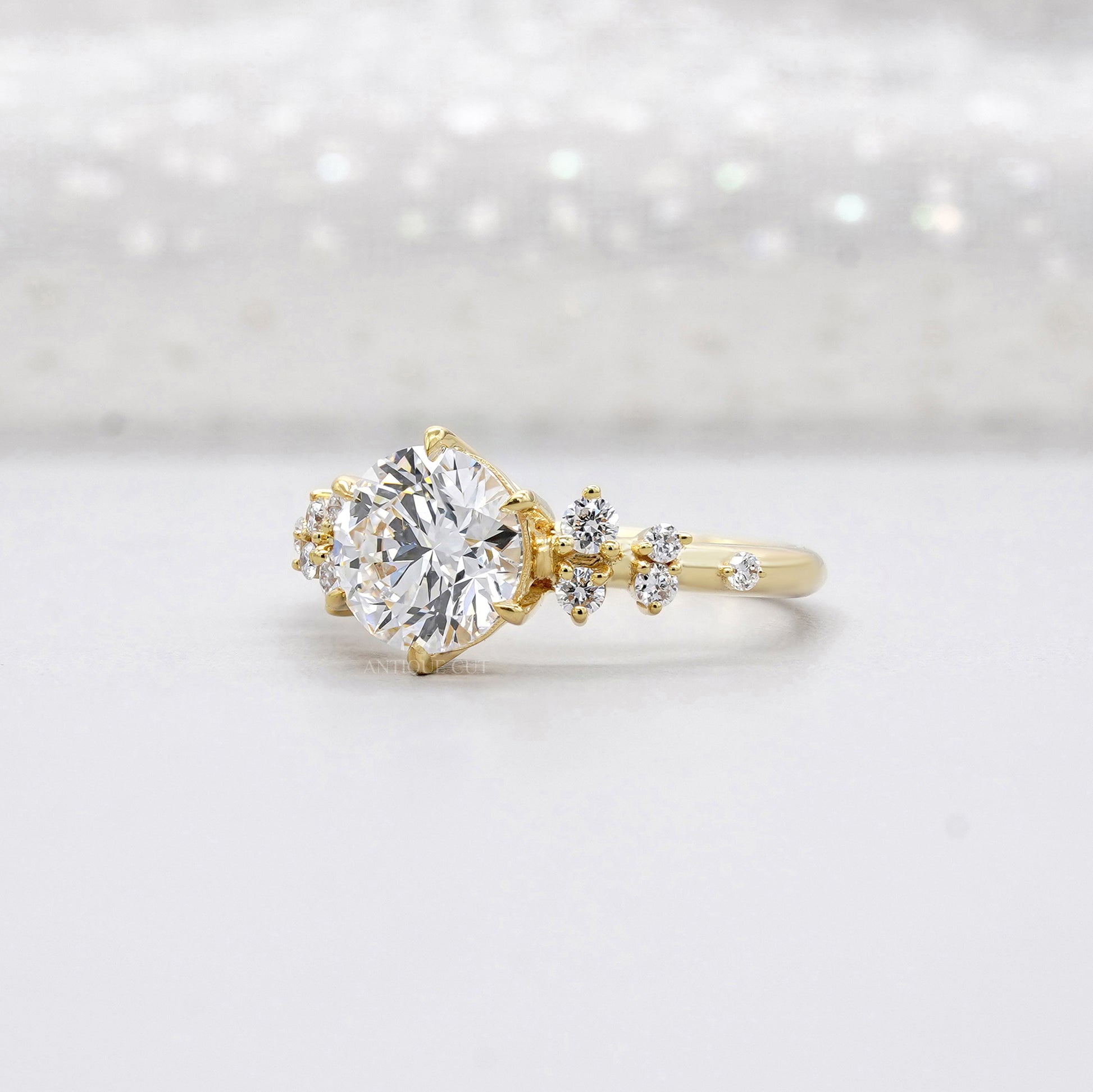 Round 2.30tcw Lab Diamond Engagement Ring | IGI Certified | Yellow Gold Cluster Side Stone Ring