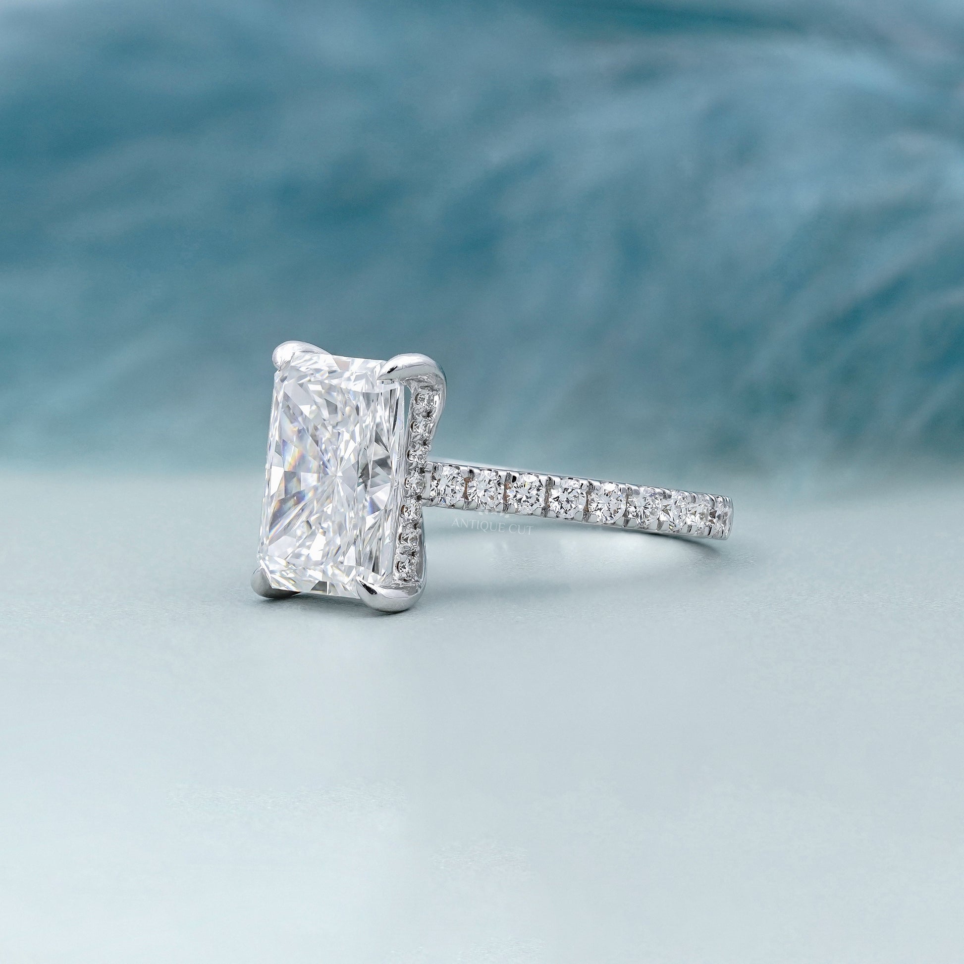 Radiant Cut 5.70tcw Lab Grown Diamond Engagement Ring | Hidden Halo Pavé Band | IGI Certified