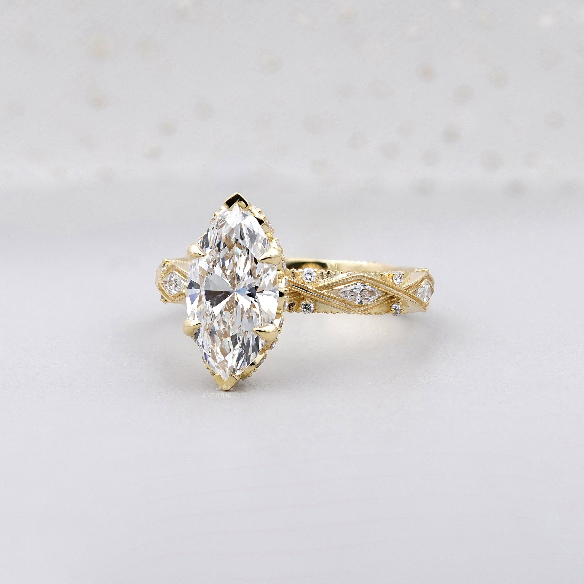 Marquise 3.16tcw Lab Grown Diamond Vintage Engagement Ring | Side Stone Antique Band | D–F Color | VVS–VS Clarity | IGI Certified