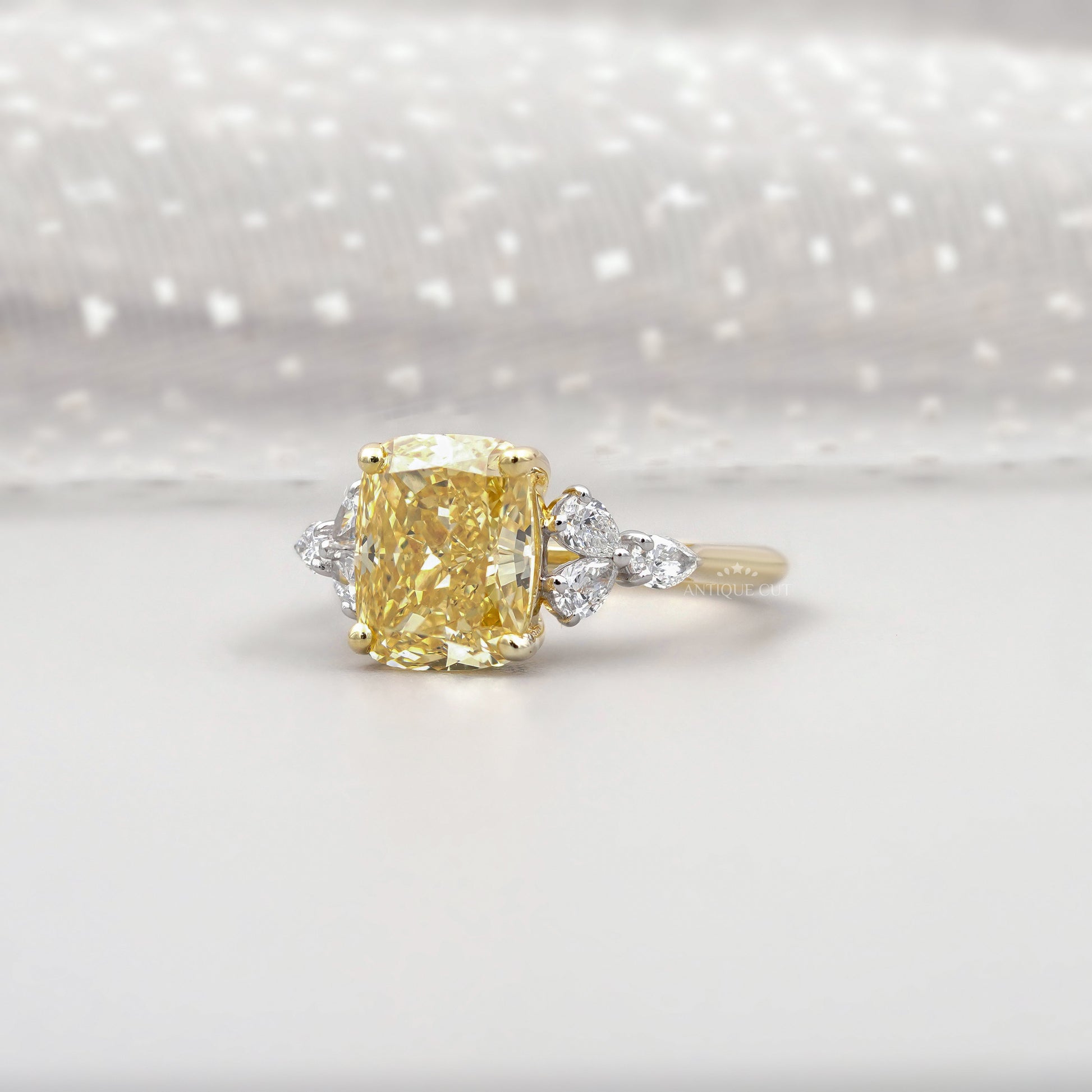 Cushion Fancy Yellow Lab-Grown Diamond Ring 3.30tcw| Side Stone Engagement Ring in Gold