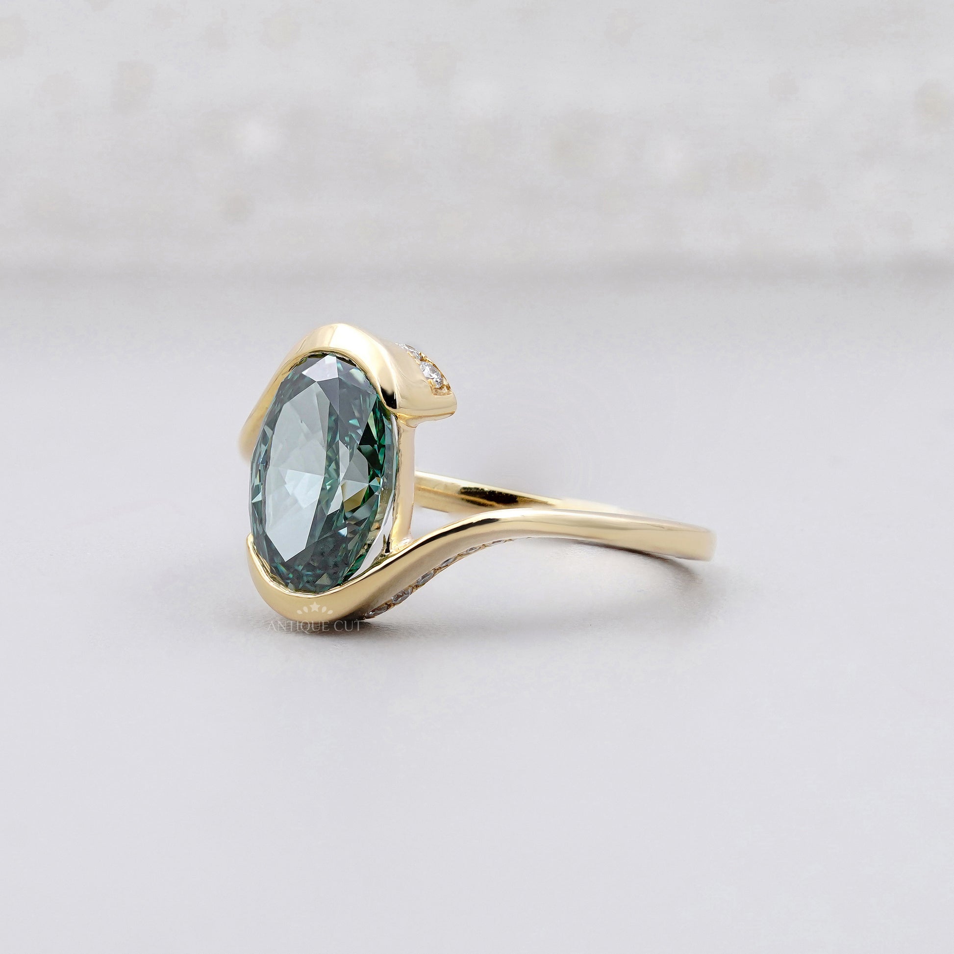 3.00ct Green Lab Grown Diamond Ring with 0.40ct Diamond Accents | Gold Wave Engagement Ring