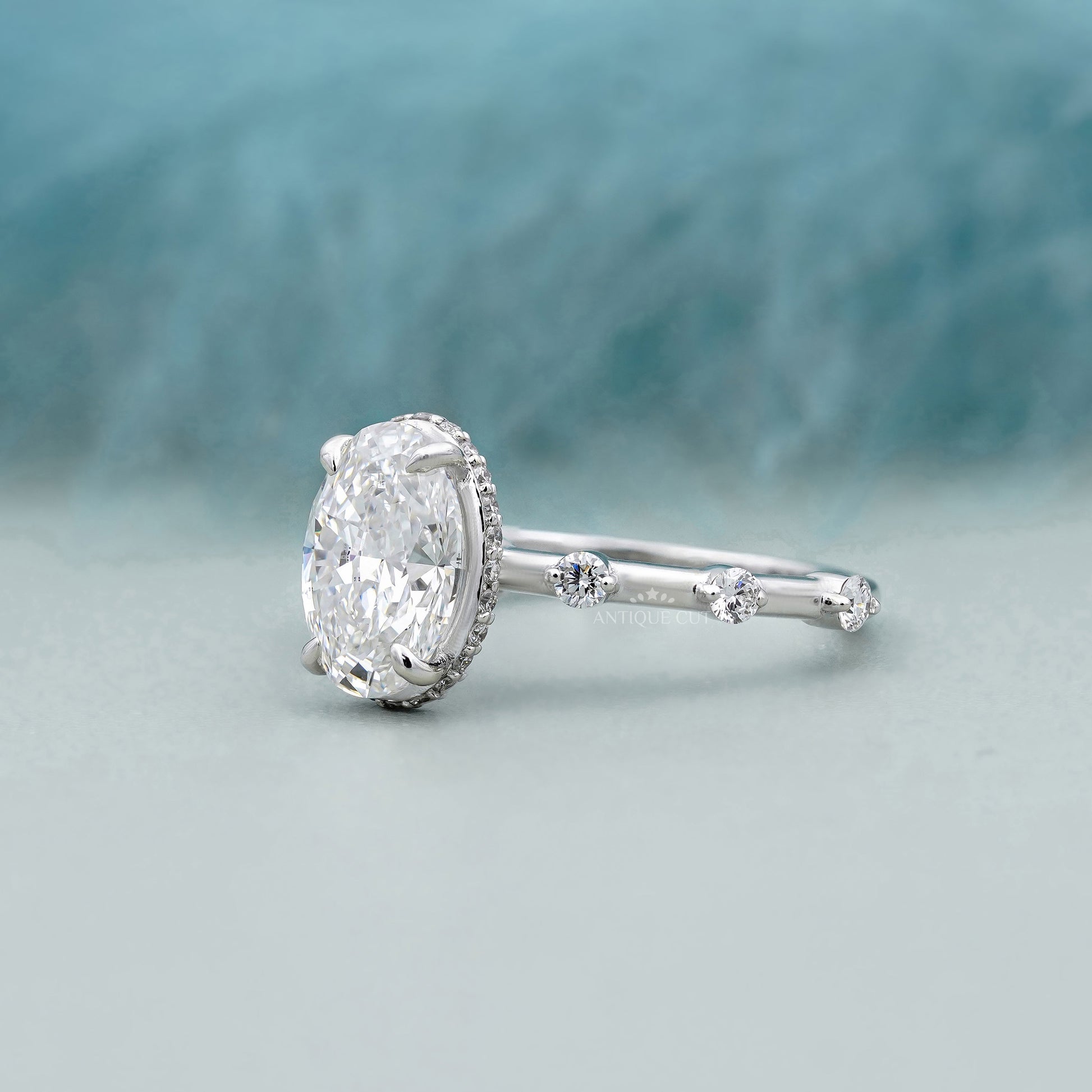 2.00ct Oval Engagement Ring • 0.30ct Diamond Accent Band • White Gold Oval Cut Ring • Classic 2ct Solitaire Ring