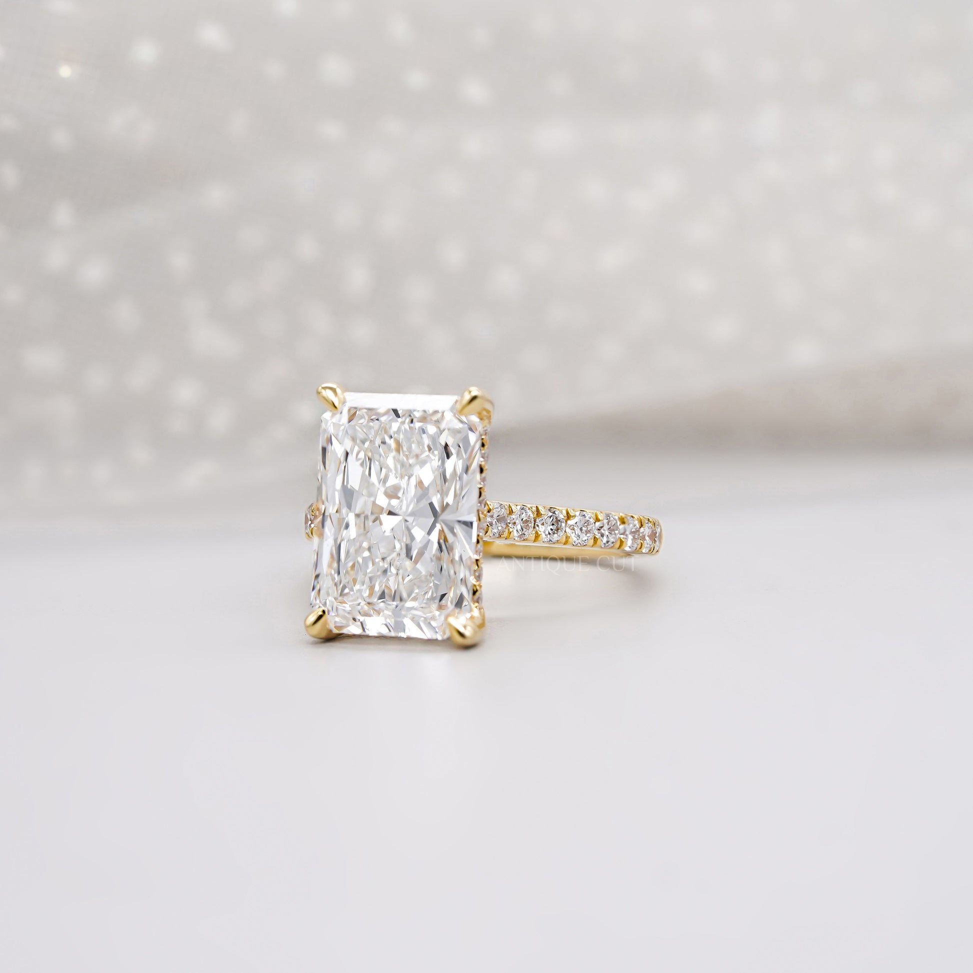 Radiant 5.60tcw Lab Grown Diamond Hidden Halo Pavé Engagement Ring | IGI Certified | Yellow Gold