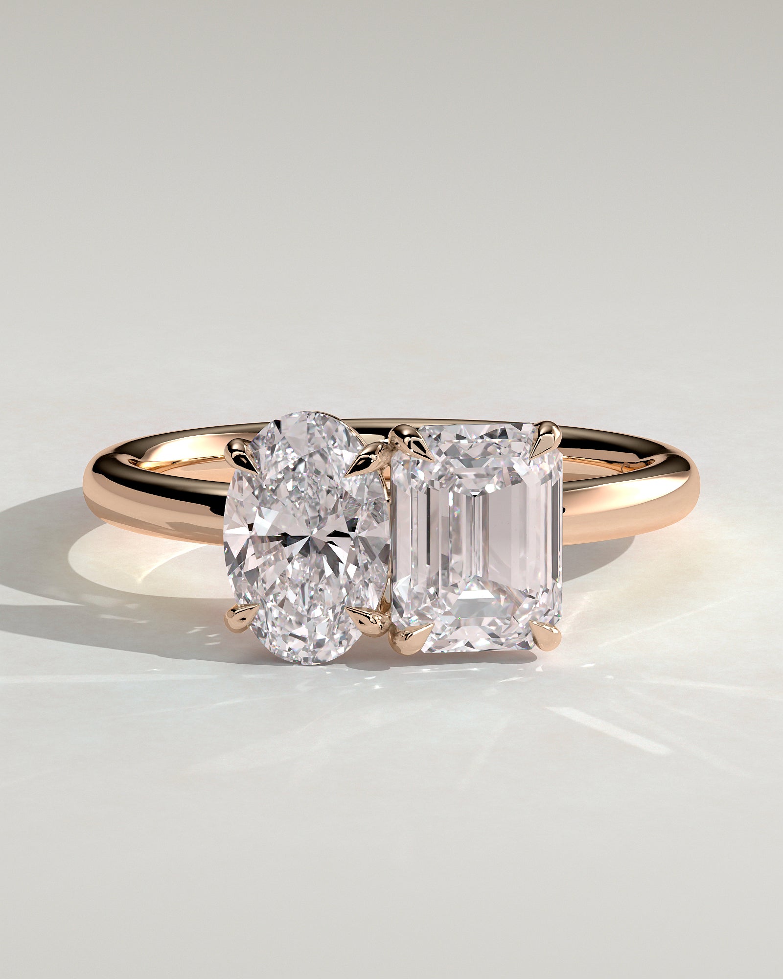 Rose :: oval and emerald lab diamond toi et moi ring rose gold two stone engagement ring