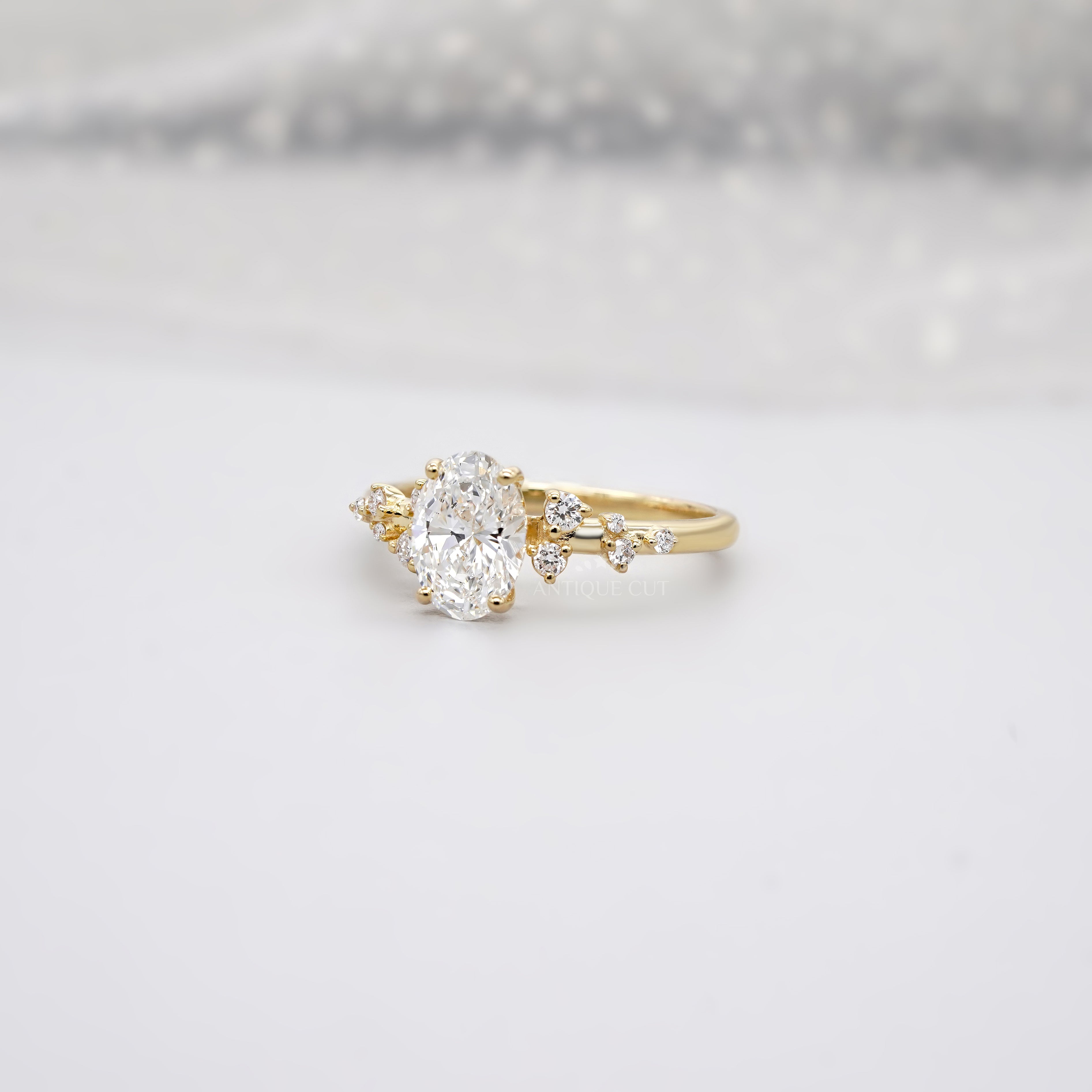 Oval 1.50tcw Lab Diamond Cluster Ring | Yellow Gold | Unique Side Design | IGI Certified