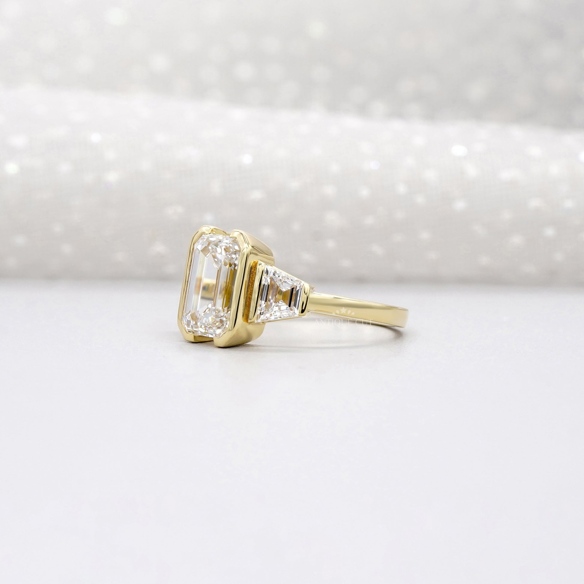 3.70tcw Emerald Lab-Grown Diamond Engagement Ring | 3.00ct Emerald + 0.70ct Trapezoid Side Stones | 14k Gold IGI Certified