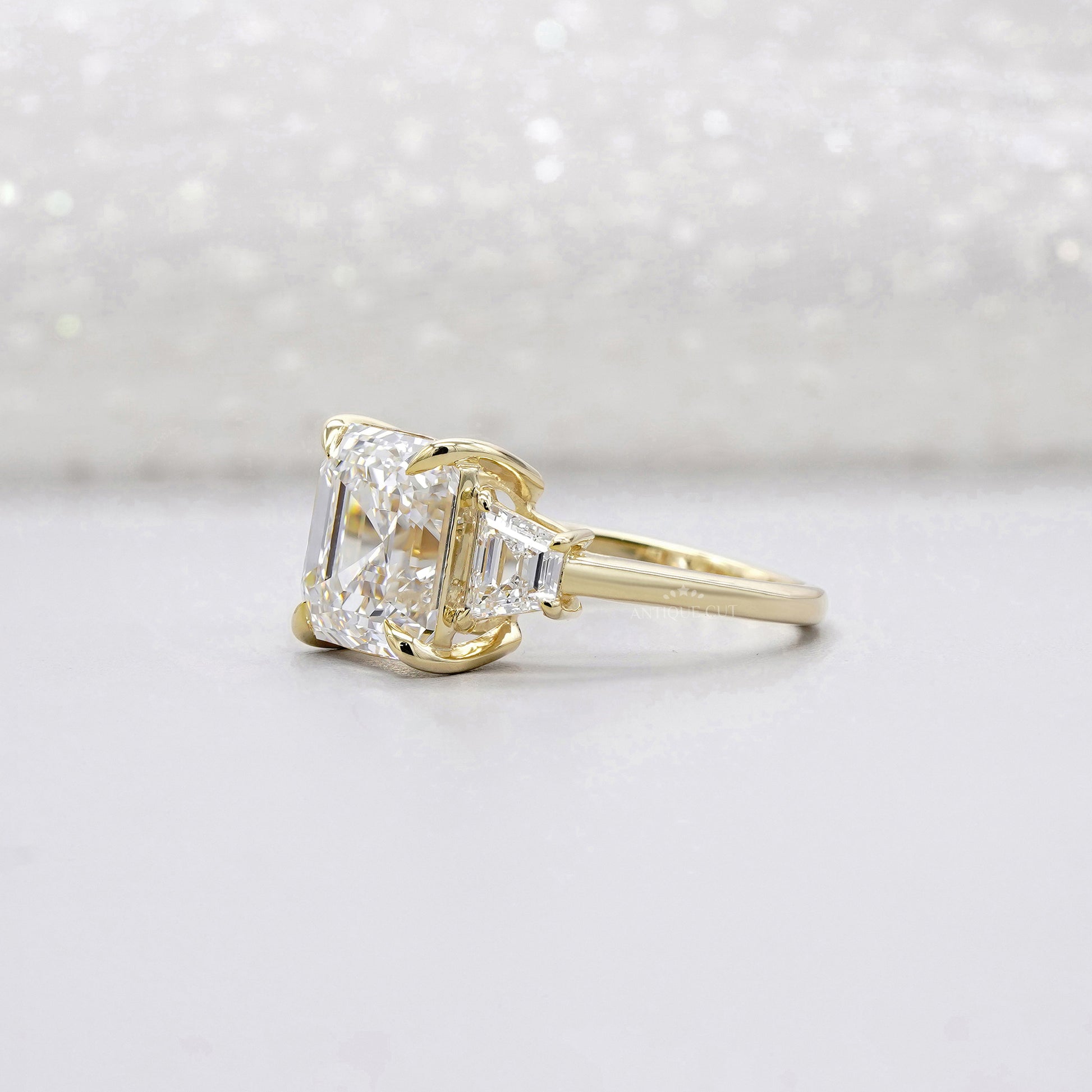 6.60tcw Asscher Lab Grown Diamond Engagement Ring | 6ct Center & Trapezoid Side Stones | 14k Gold