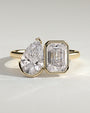 Yellow :: Calvellae 3.3ct pear and 3.3ct emerald bezel toi et moi lab grown diamond engagement ring IGI certified yellow gold