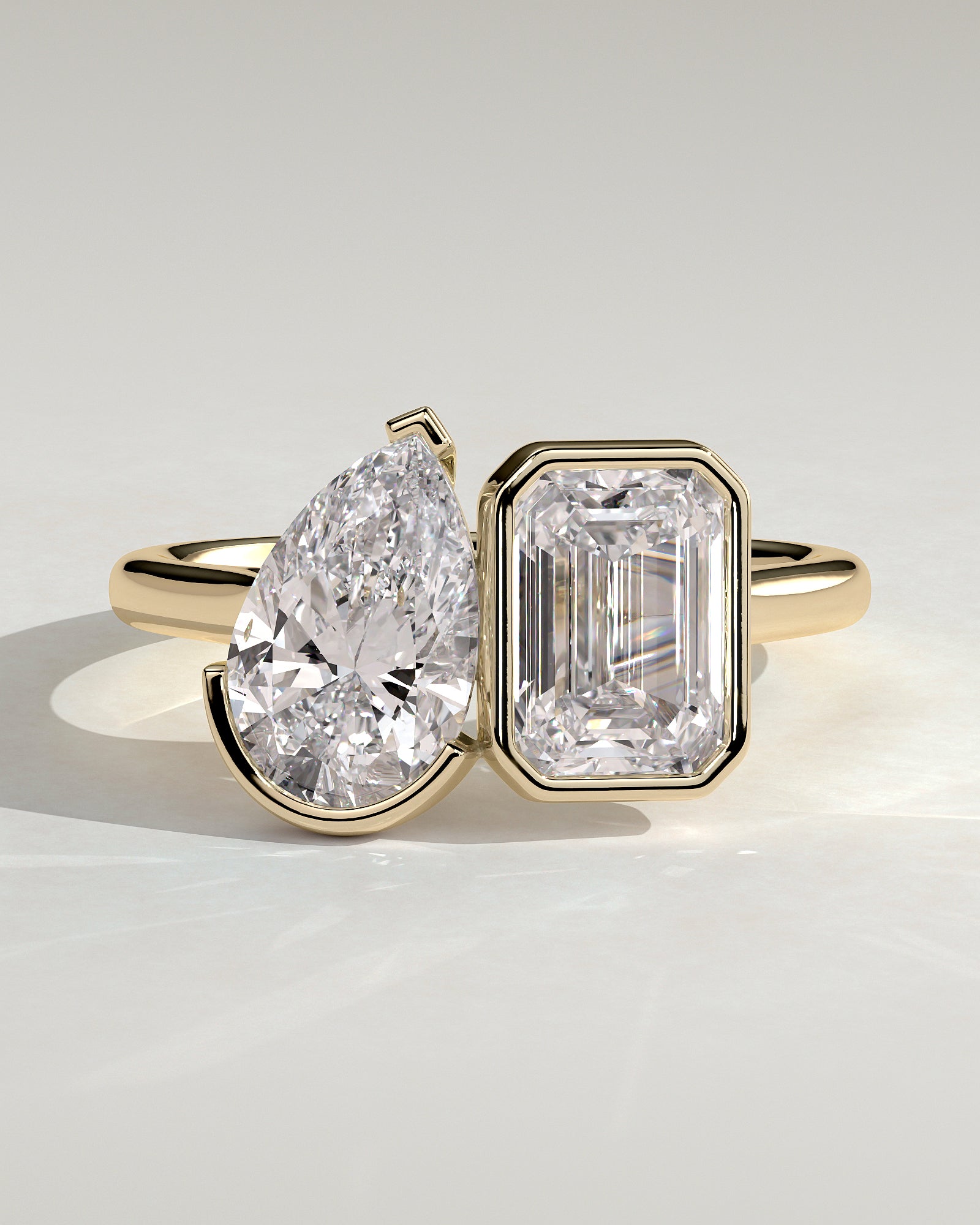 Yellow :: Calvellae 3.3ct pear and 3.3ct emerald bezel toi et moi lab grown diamond engagement ring IGI certified yellow gold