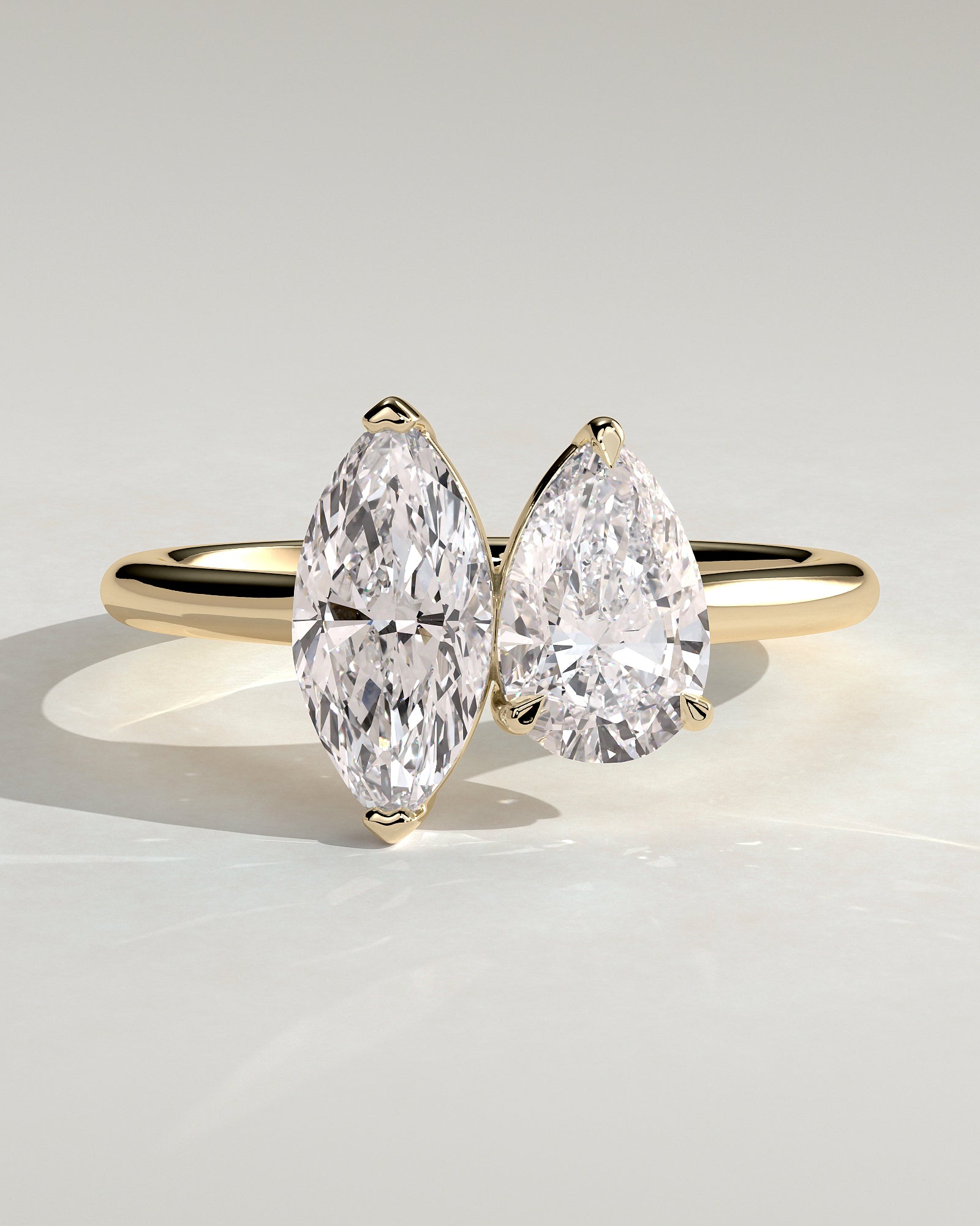 Yellow :: Lunvique 1.8ct pear and 1.5ct marquise toi et moi lab grown diamond engagement ring IGI certified yellow gold