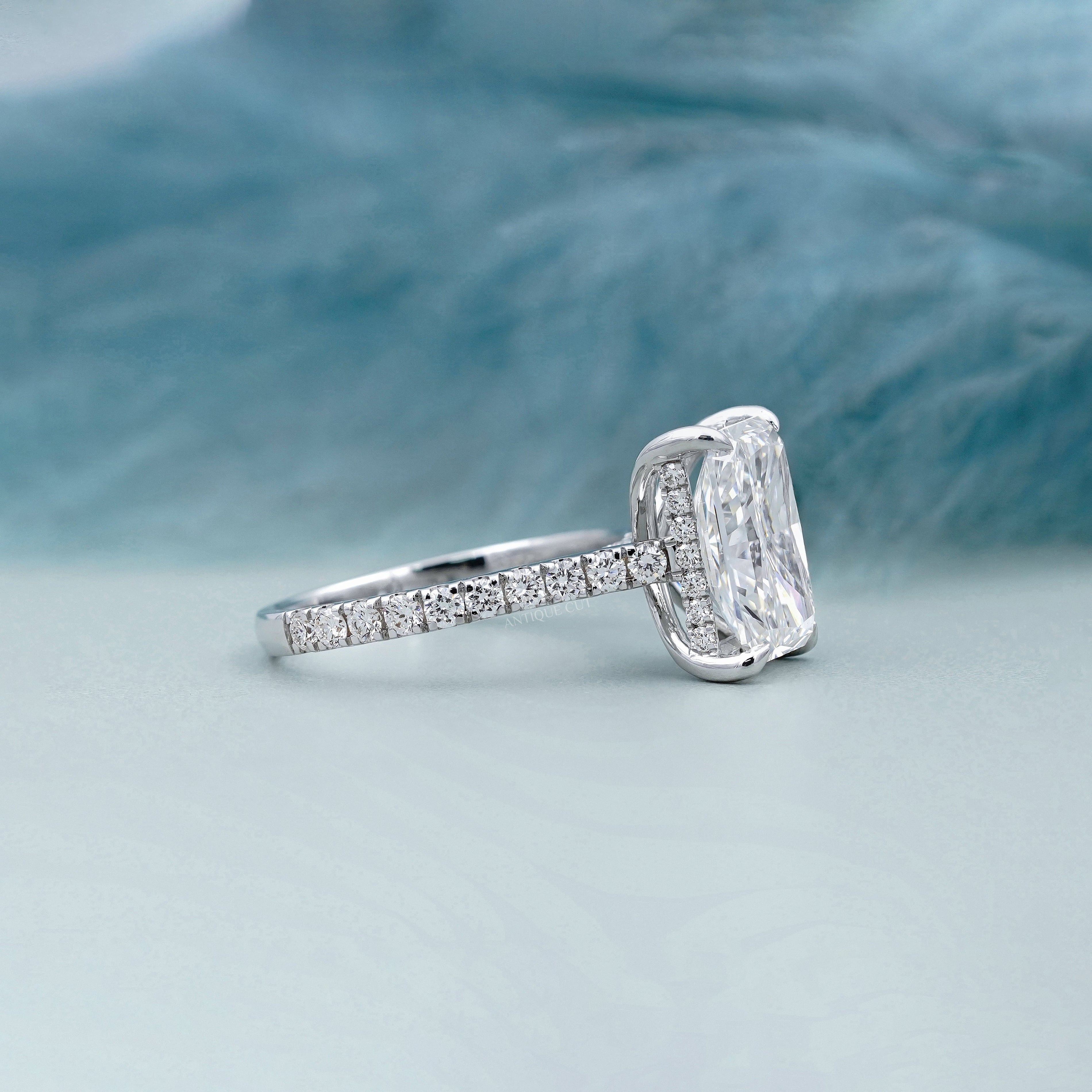 Radiant Cut 5.70tcw Lab Grown Diamond Engagement Ring | Hidden Halo Pavé Band | IGI Certified