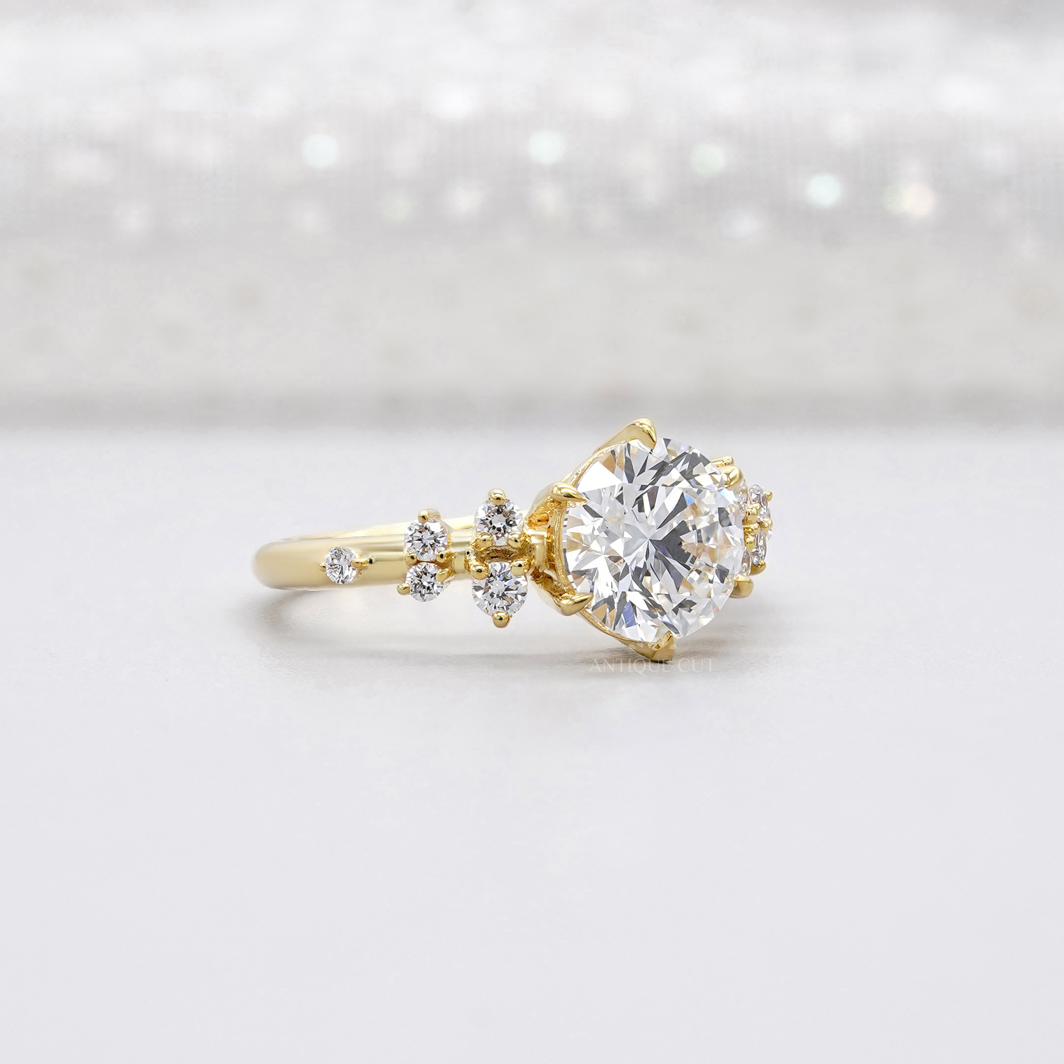 Round 2.30tcw Lab Diamond Engagement Ring | IGI Certified | Yellow Gold Cluster Side Stone Ring