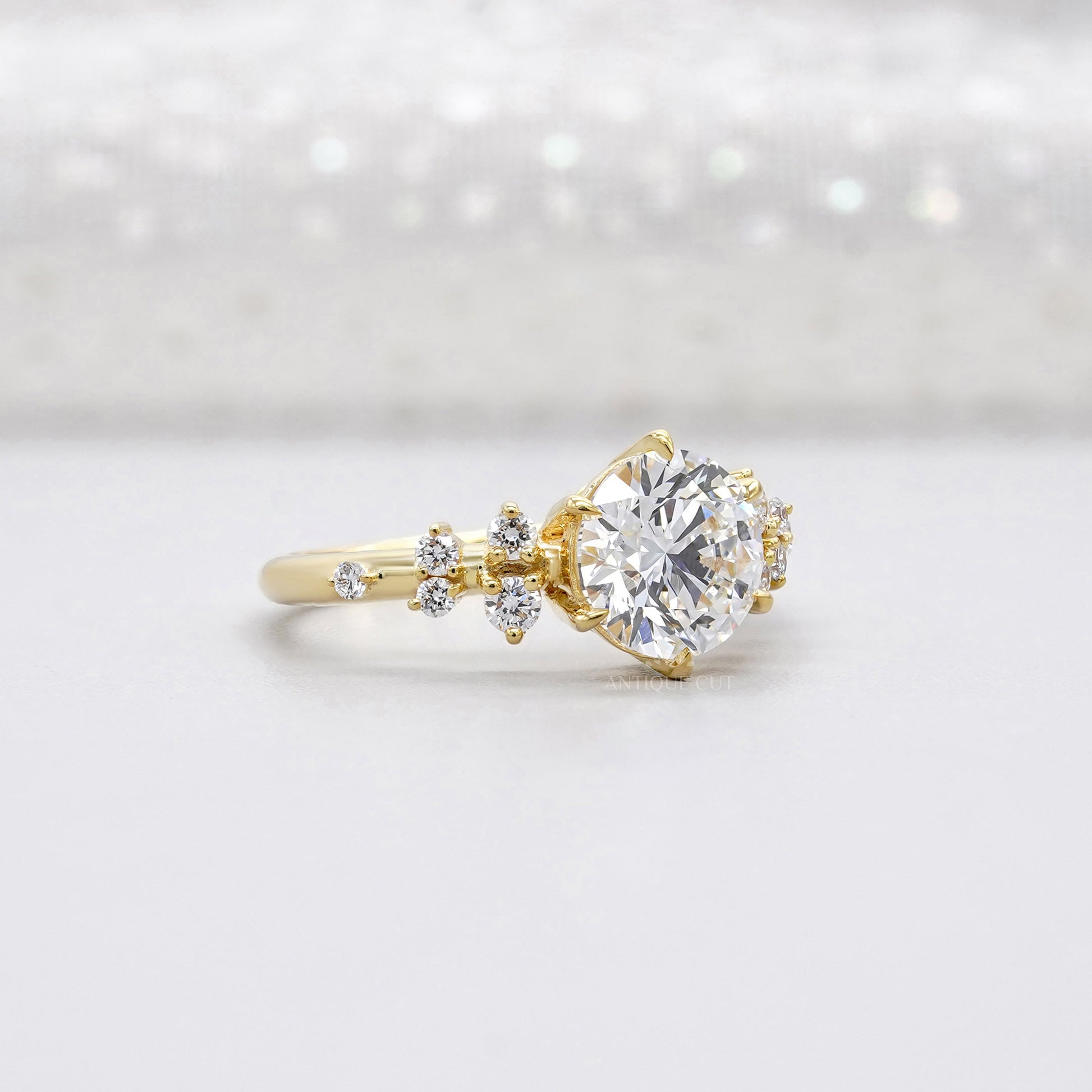 Round 2.30tcw Lab Diamond Engagement Ring | IGI Certified | Yellow Gold Cluster Side Stone Ring
