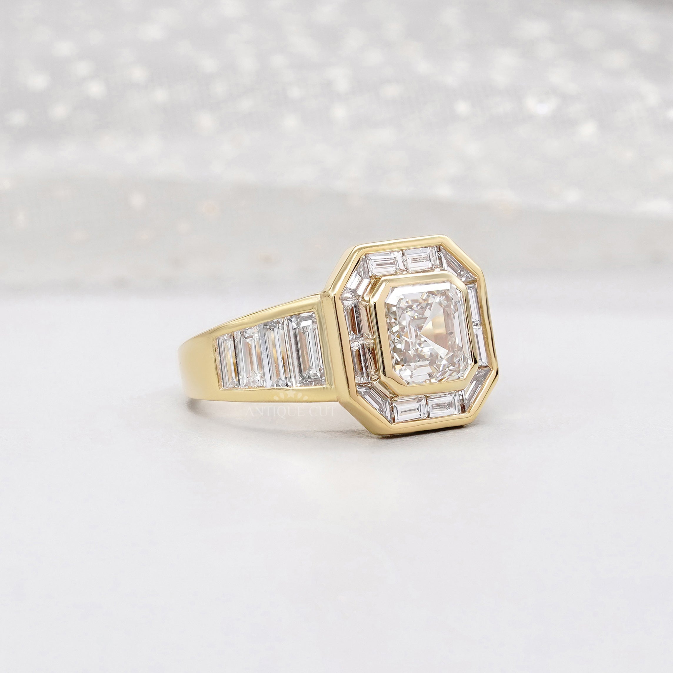 Asscher Cut 3.60ct Lab Grown Diamond Halo Engagement Ring | Baguette Side Stones in Yellow Gold | IGI Certified