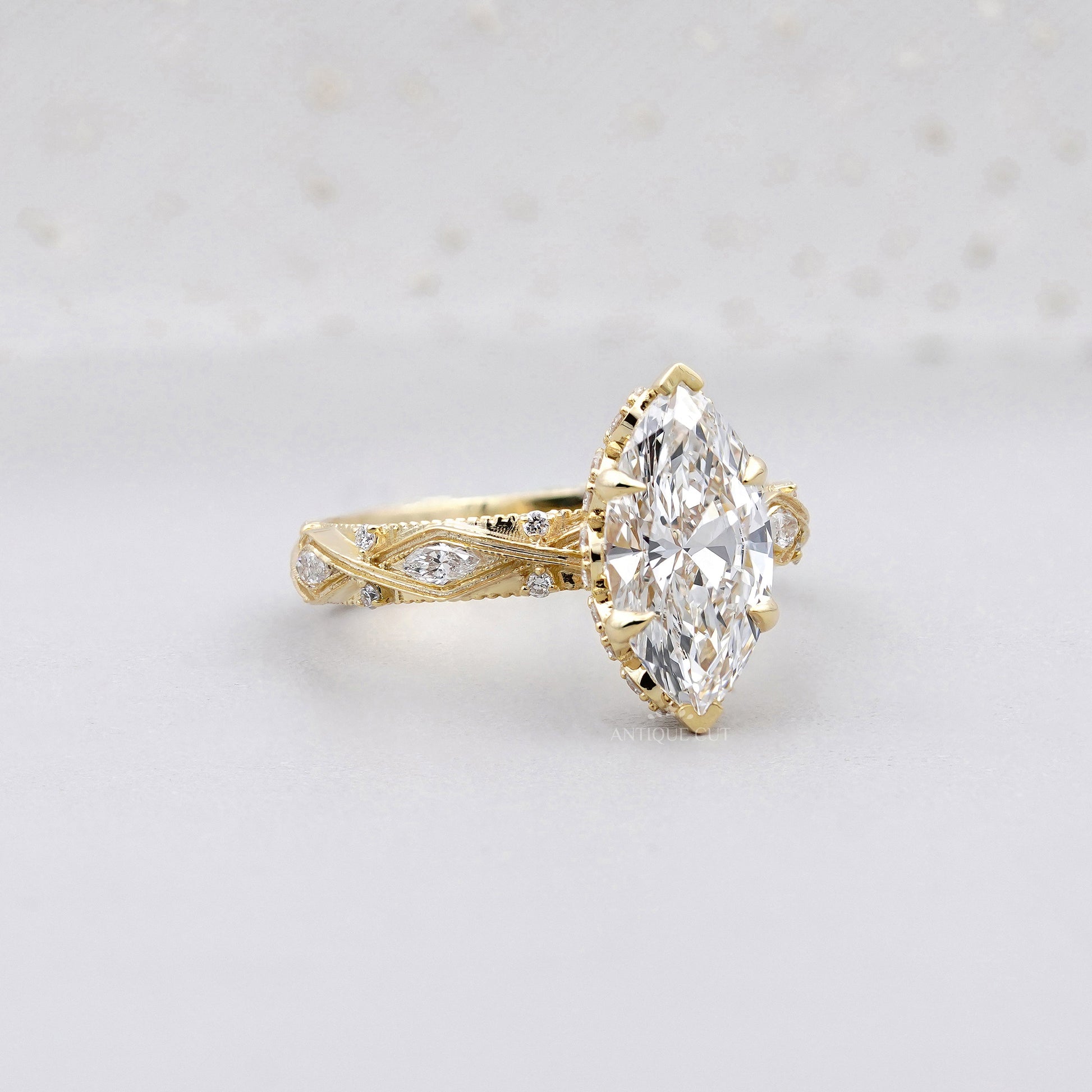 Marquise 3.16tcw Lab Grown Diamond Vintage Engagement Ring | Side Stone Antique Band | D–F Color | VVS–VS Clarity | IGI Certified