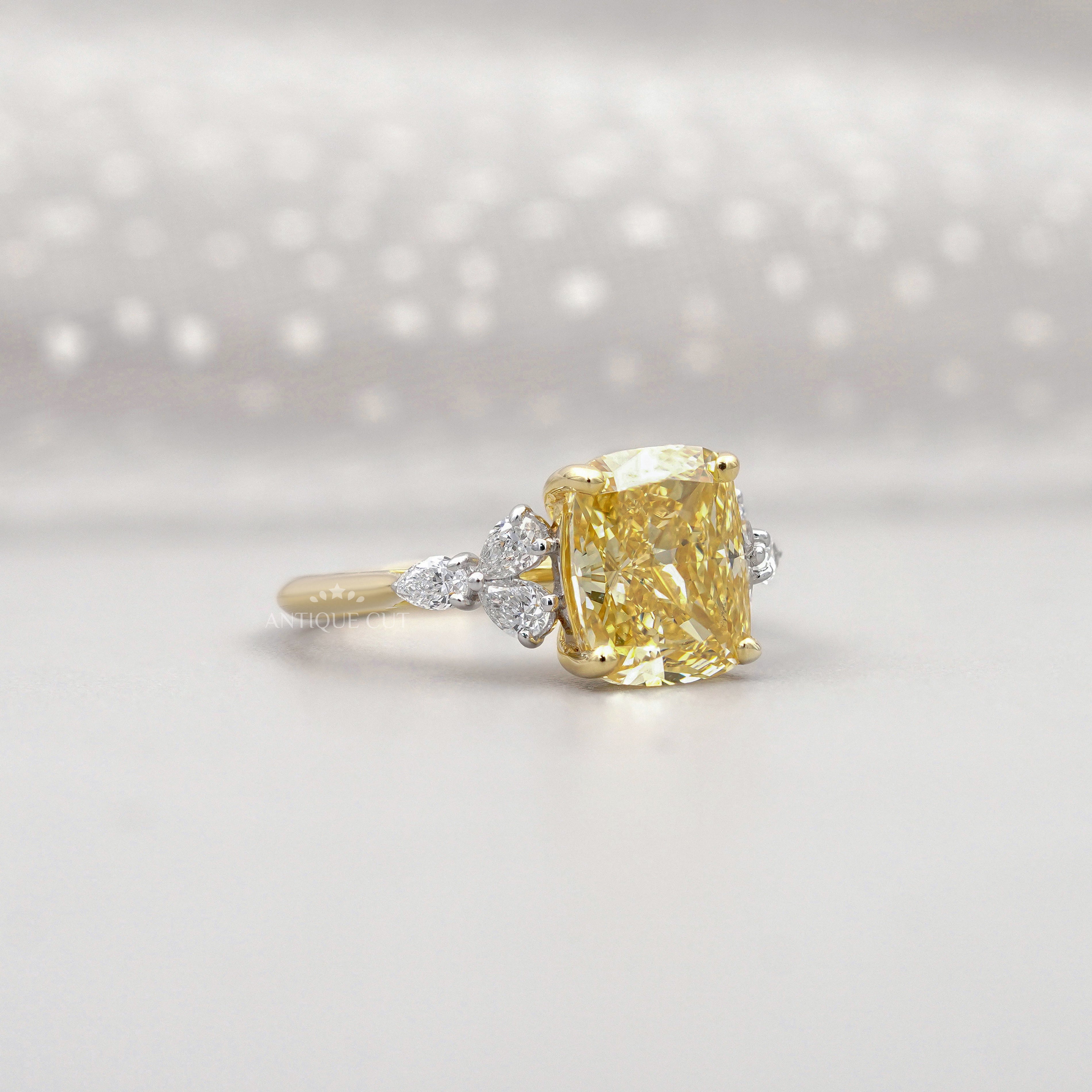 Cushion Fancy Yellow Lab-Grown Diamond Ring 3.30tcw| Side Stone Engagement Ring in Gold