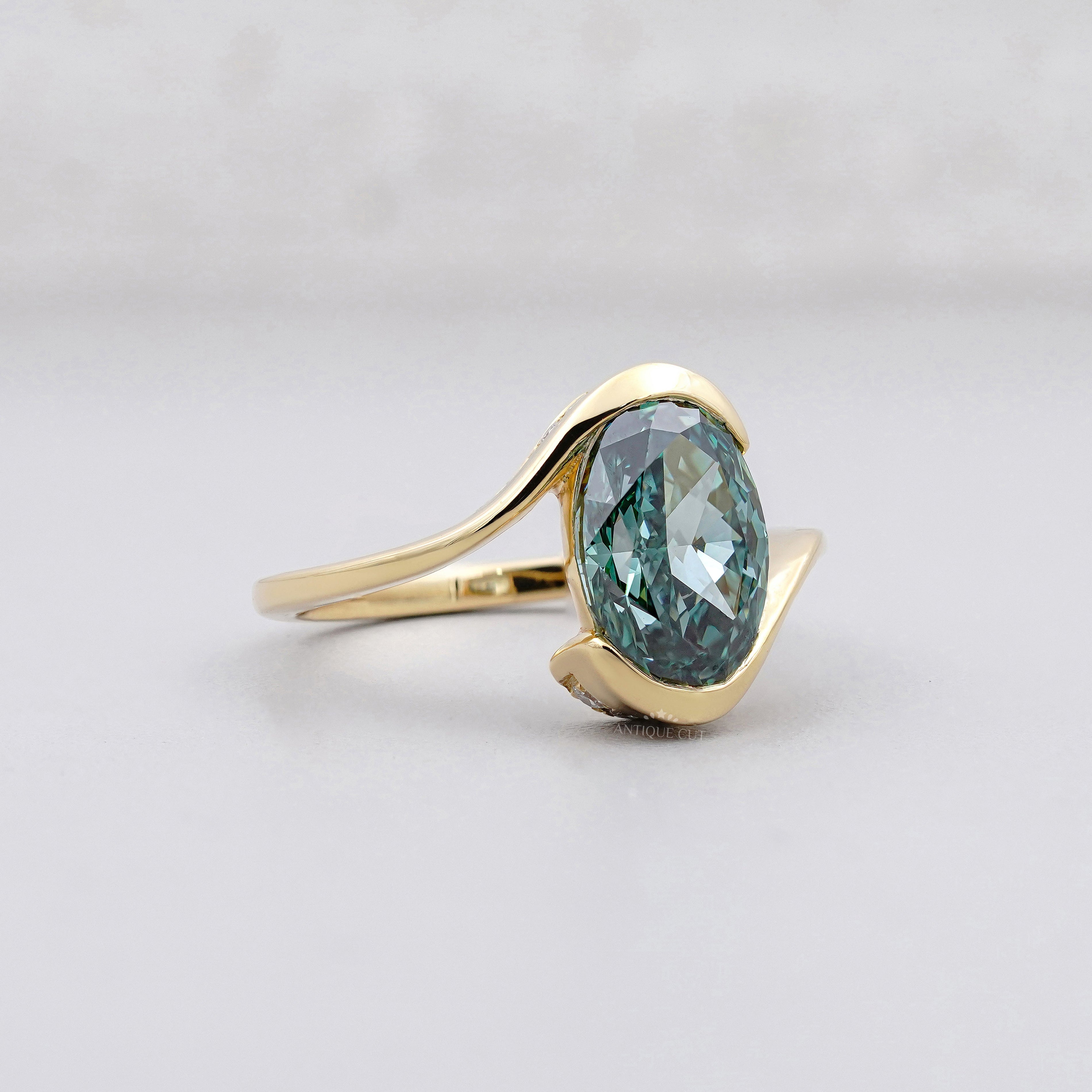 3.00ct Green Lab Grown Diamond Ring with 0.40ct Diamond Accents | Gold Wave Engagement Ring