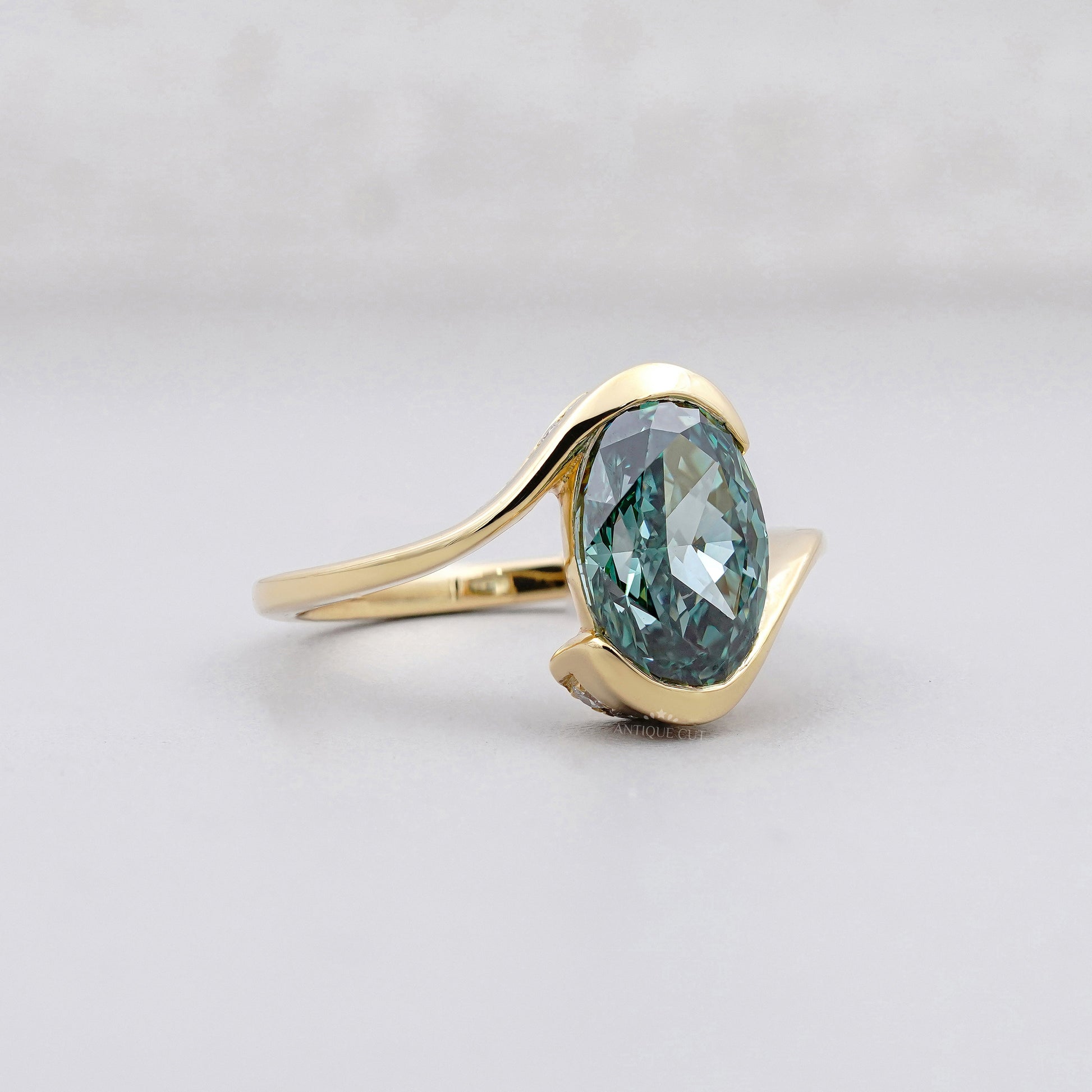 3.00ct Green Lab Grown Diamond Ring with 0.40ct Diamond Accents | Gold Wave Engagement Ring