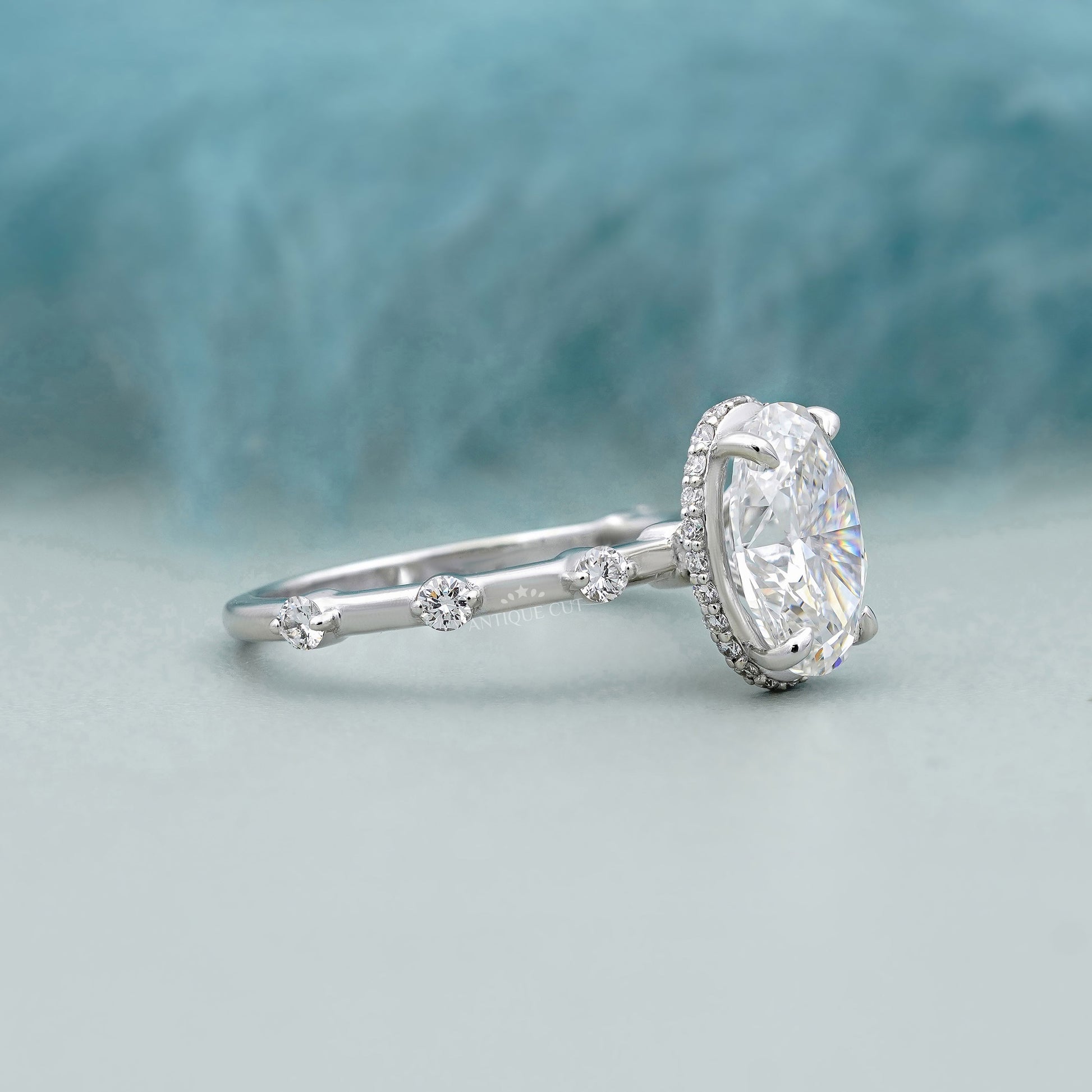 2.00ct Oval Engagement Ring • 0.30ct Diamond Accent Band • White Gold Oval Cut Ring • Classic 2ct Solitaire Ring