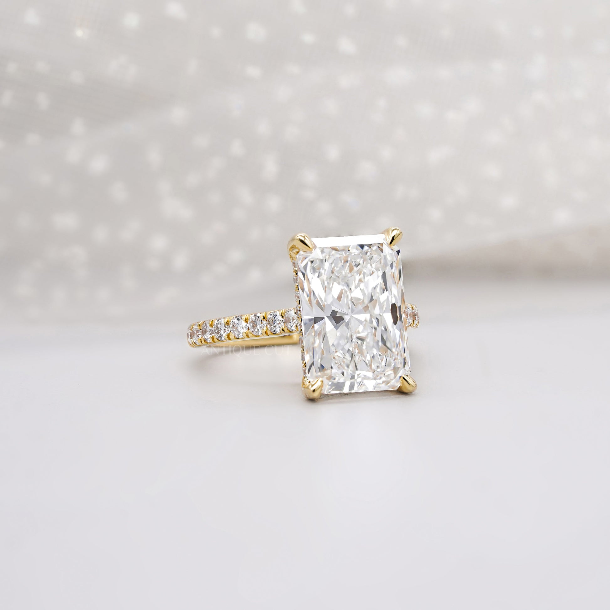 Radiant 5.60tcw Lab Grown Diamond Hidden Halo Pavé Engagement Ring | IGI Certified | Yellow Gold