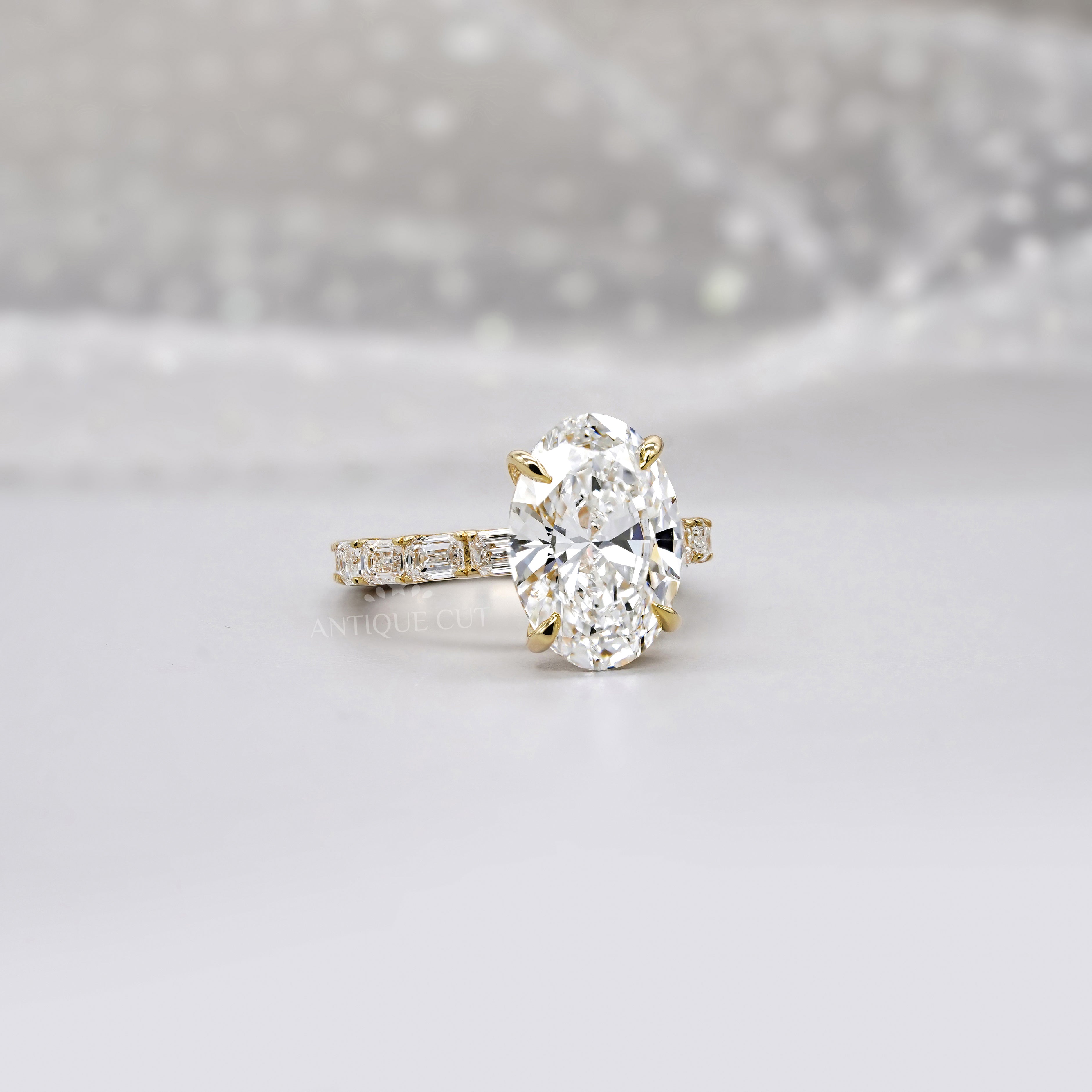 Oval 4.30tcw Lab Diamond Ring | Emerald & Round Side Stones | Yellow Gold | IGI Certified