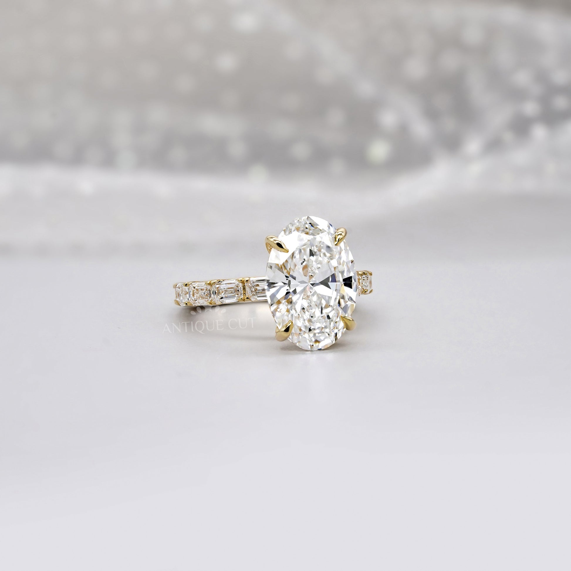 Oval 4.30tcw Lab Diamond Ring | Emerald & Round Side Stones | Yellow Gold | IGI Certified