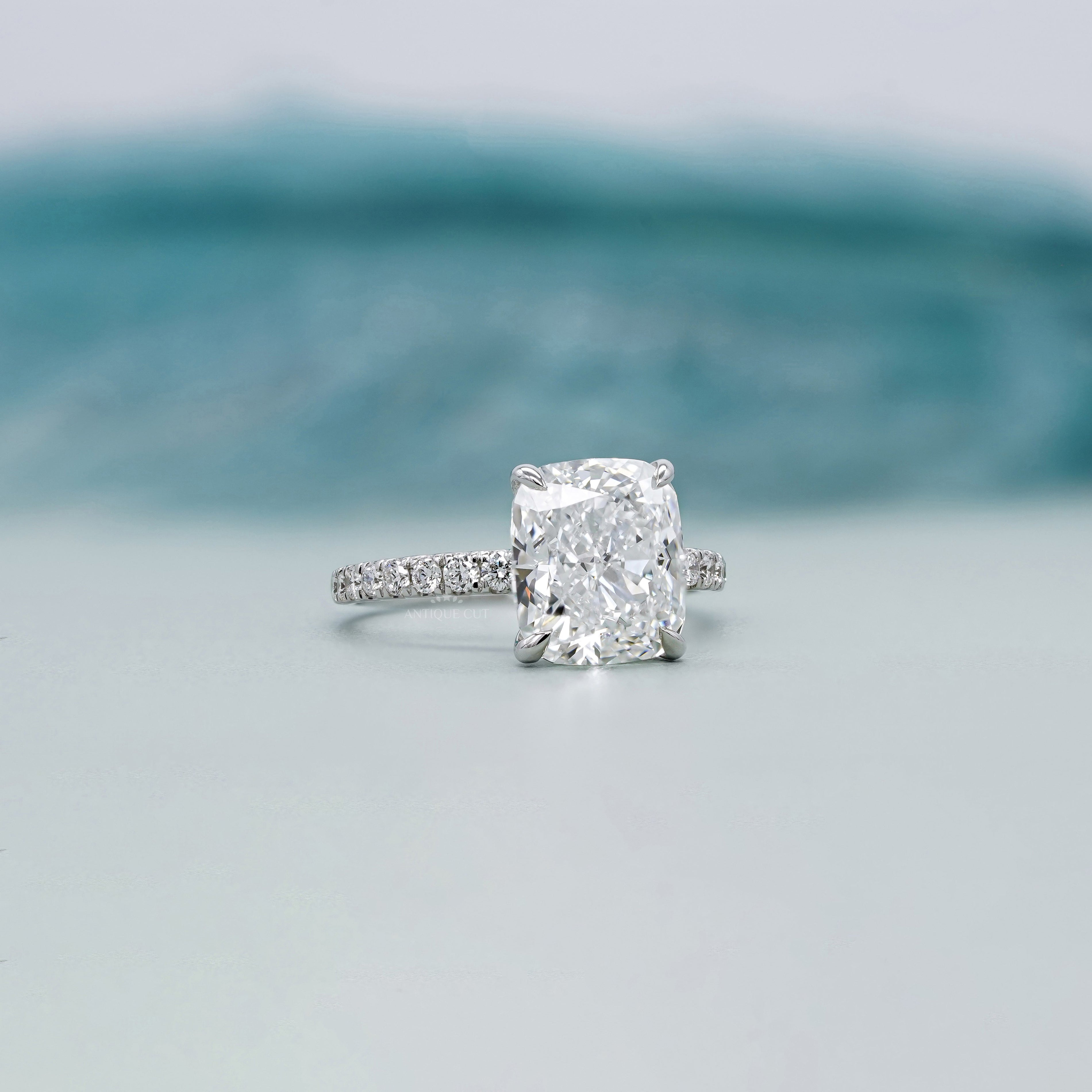 Cushion 4.90tcw Lab Diamond Engagement Ring | Pavé Band | IGI Certified | White Gold